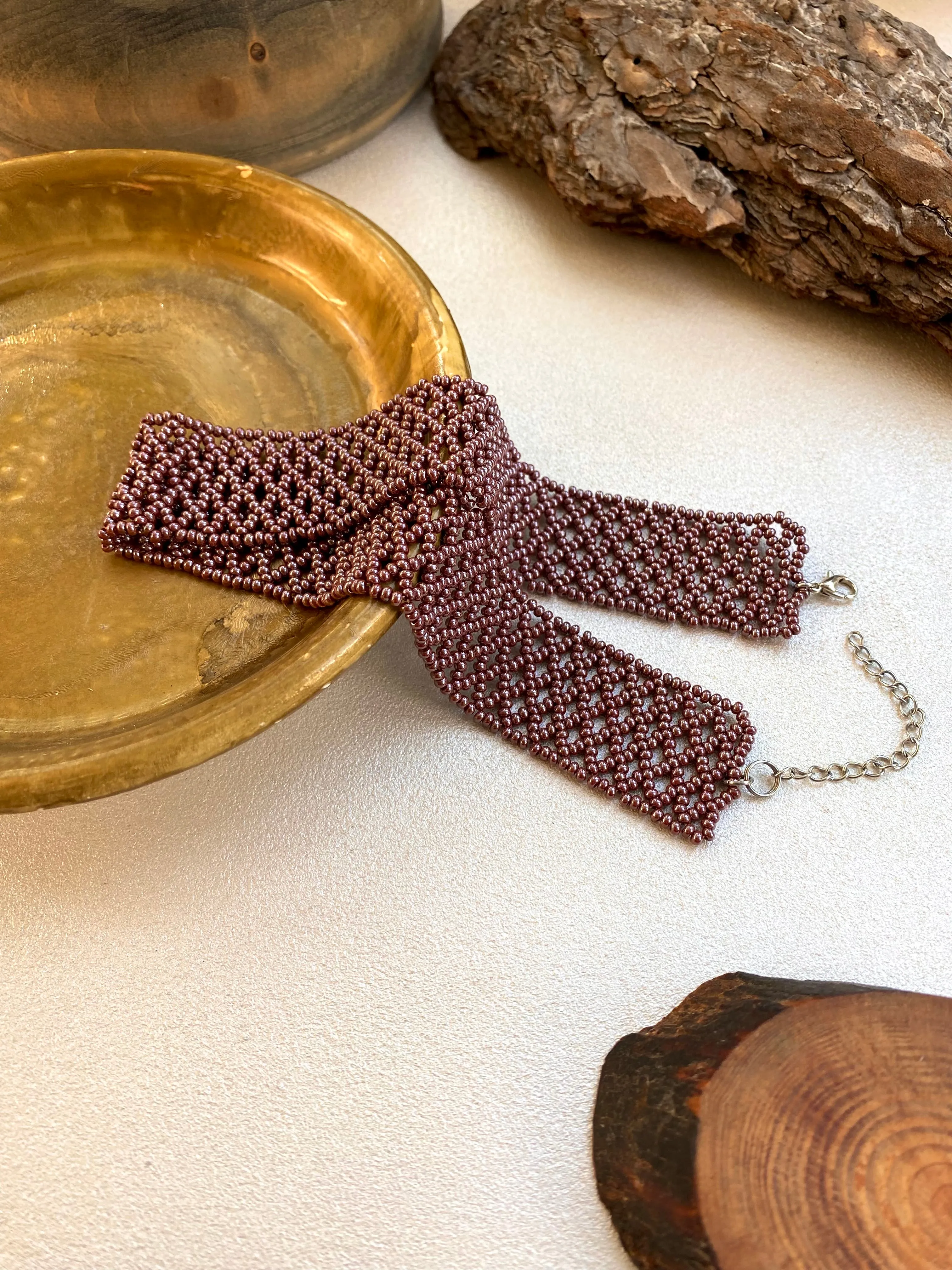 Handmade Wide Copper Seed Bead Choker Necklace Women Boho Hippie style, Thick Brown Metallic Choker Collar, Cute Lace choker, Sexy choker