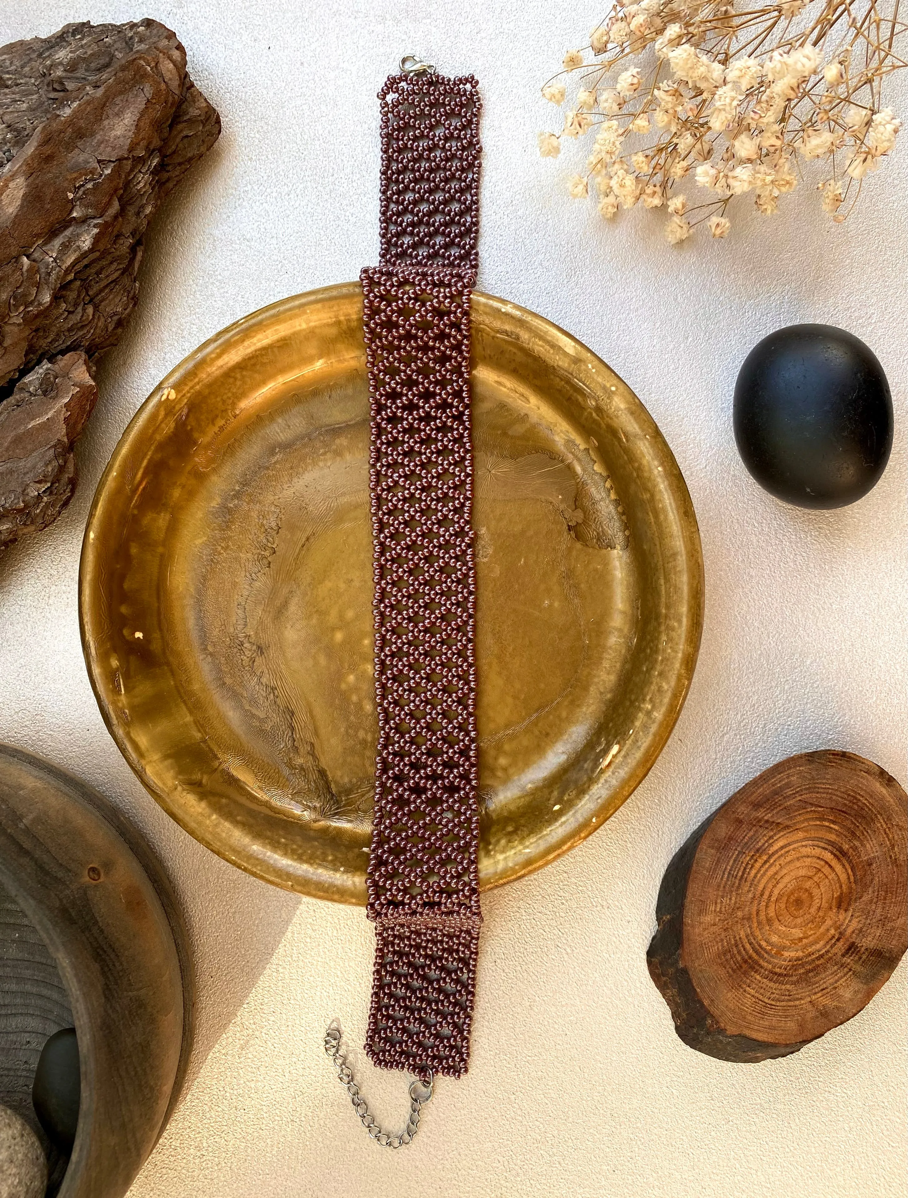 Handmade Wide Copper Seed Bead Choker Necklace Women Boho Hippie style, Thick Brown Metallic Choker Collar, Cute Lace choker, Sexy choker