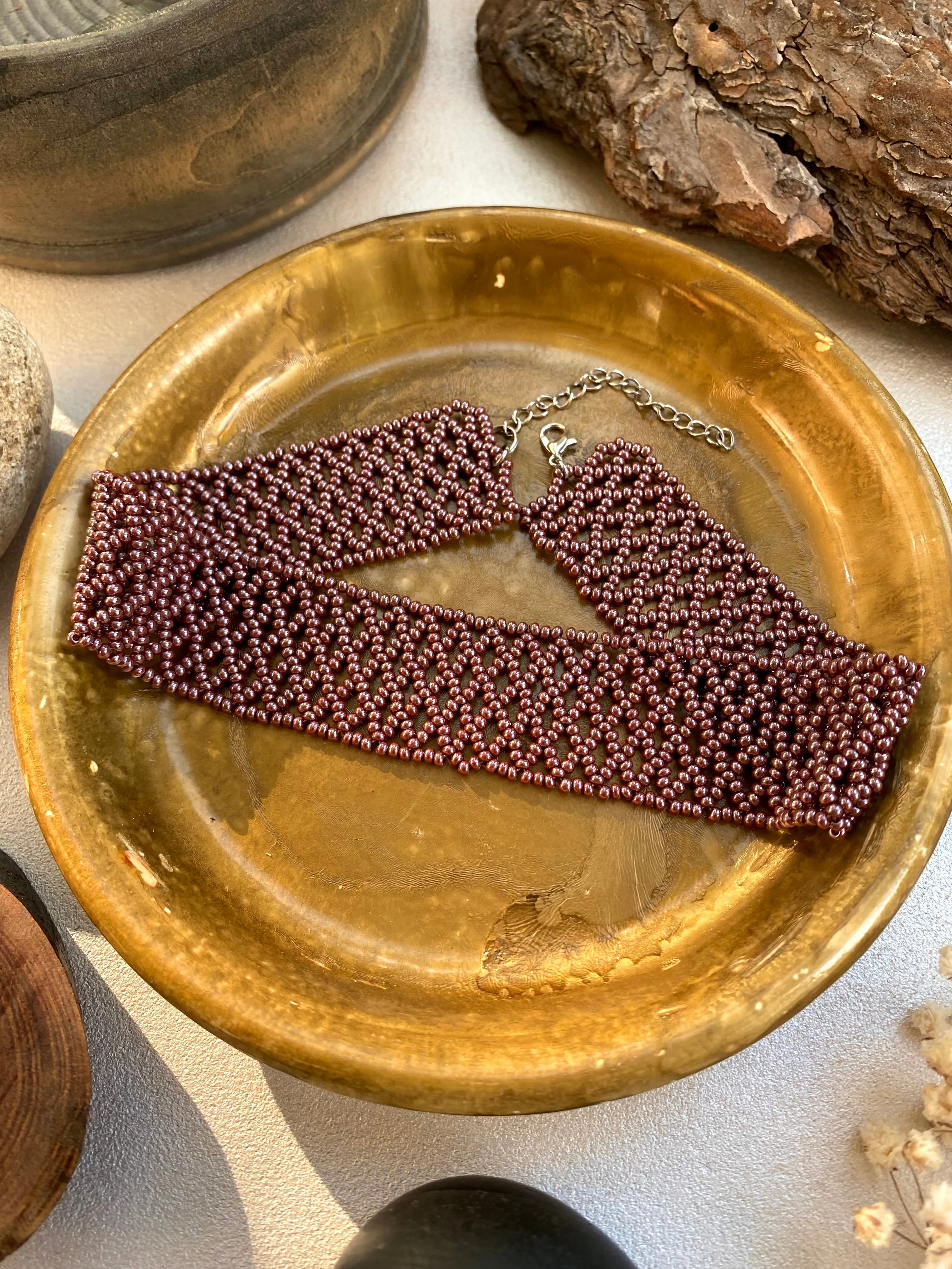 Handmade Wide Copper Seed Bead Choker Necklace Women Boho Hippie style, Thick Brown Metallic Choker Collar, Cute Lace choker, Sexy choker