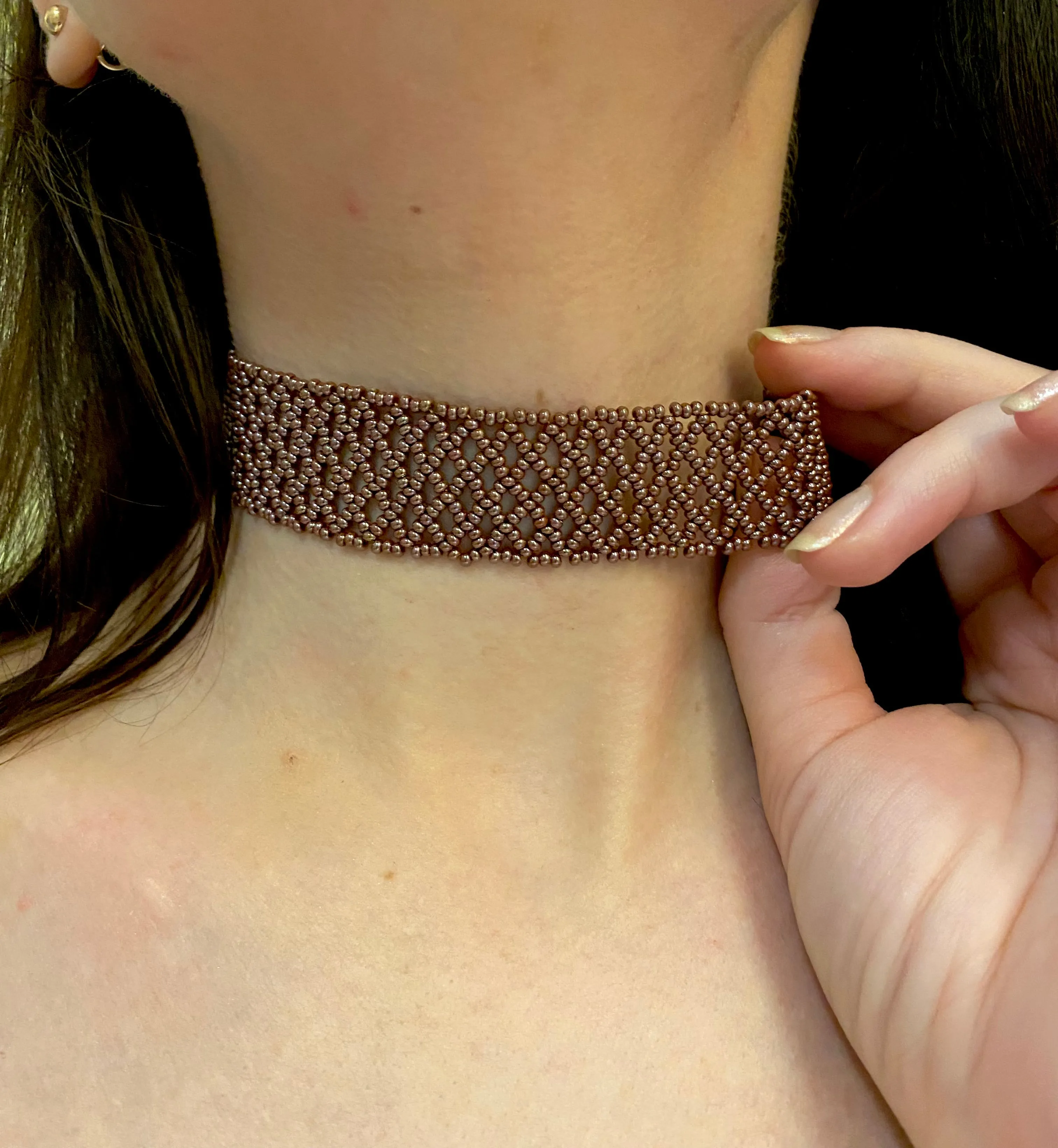 Handmade Wide Copper Seed Bead Choker Necklace Women Boho Hippie style, Thick Brown Metallic Choker Collar, Cute Lace choker, Sexy choker