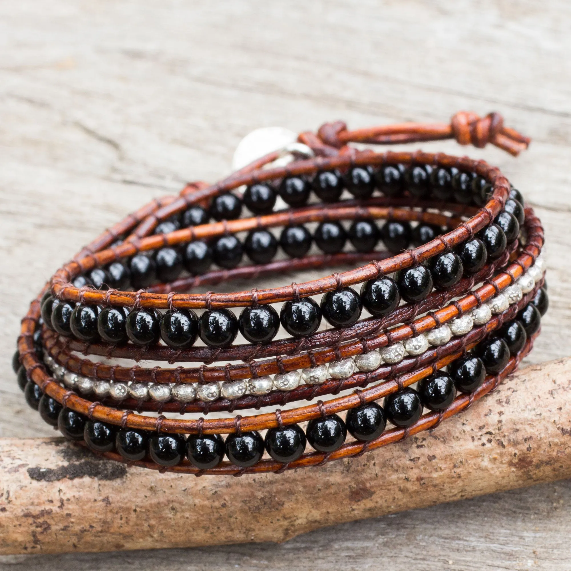 Hill Tribe Boheme Onyx Beads on Brown Leather Wrap Bracelet from Thailand