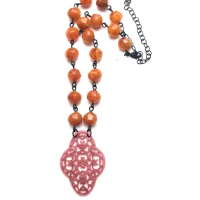 Honey Amber & Coral Boho Lace Beaded Aleta Necklace