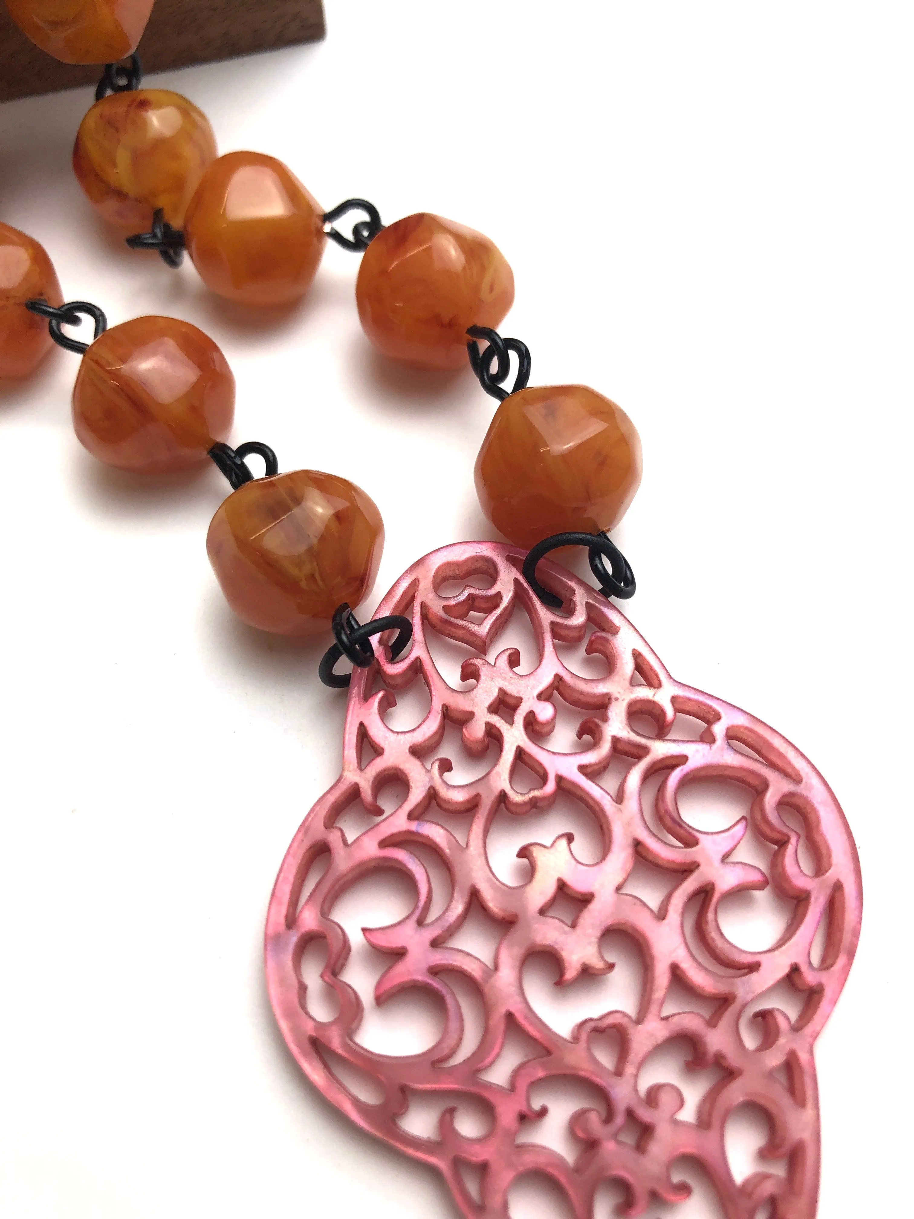 Honey Amber & Coral Boho Lace Beaded Aleta Necklace