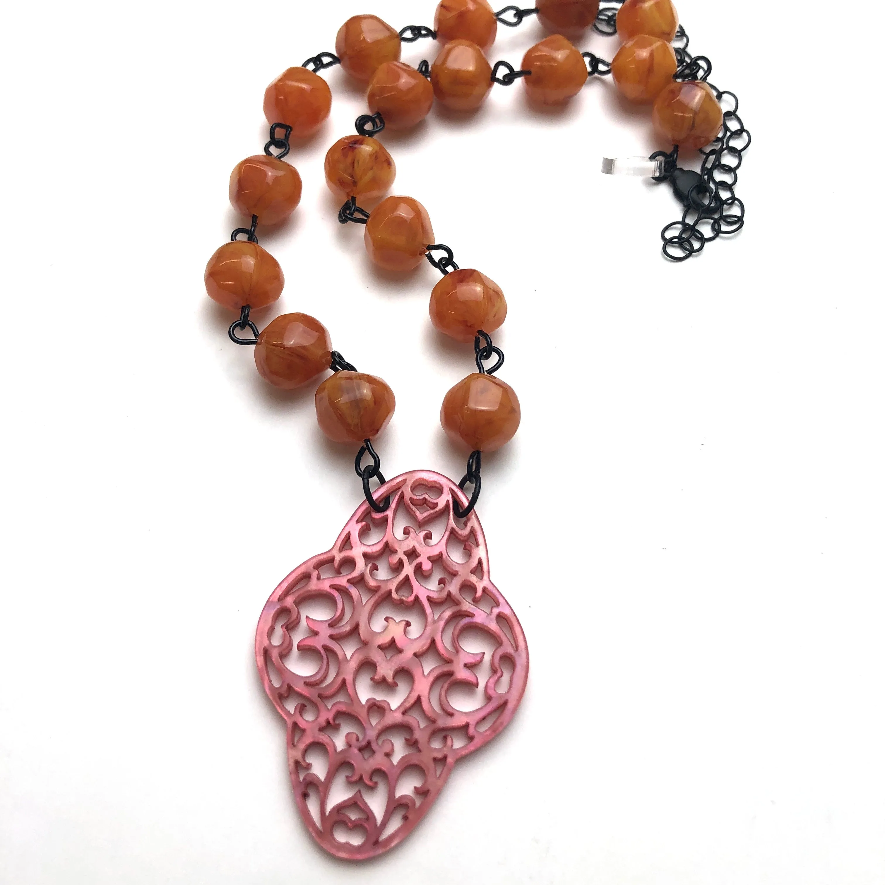 Honey Amber & Coral Boho Lace Beaded Aleta Necklace