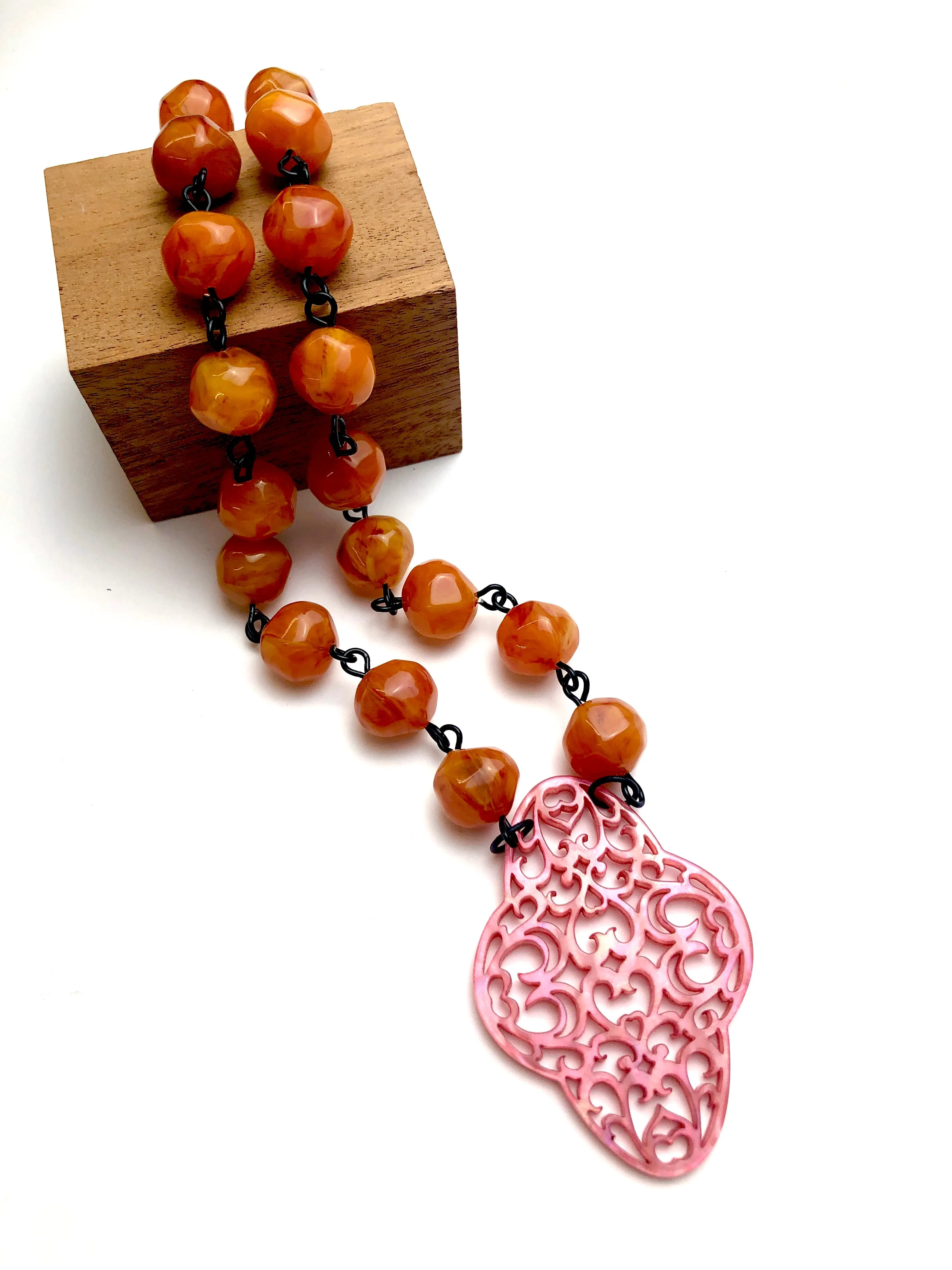 Honey Amber & Coral Boho Lace Beaded Aleta Necklace