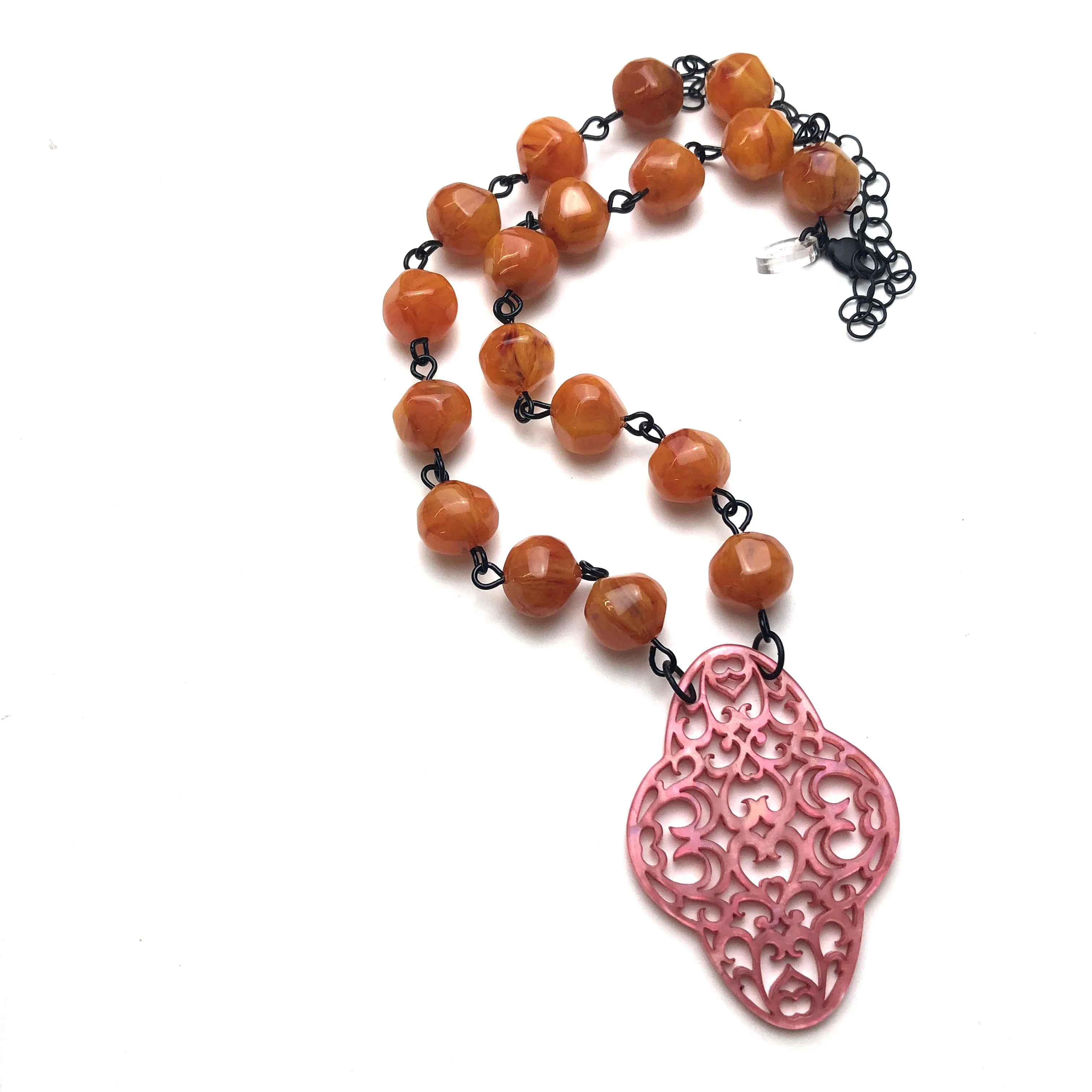 Honey Amber & Coral Boho Lace Beaded Aleta Necklace