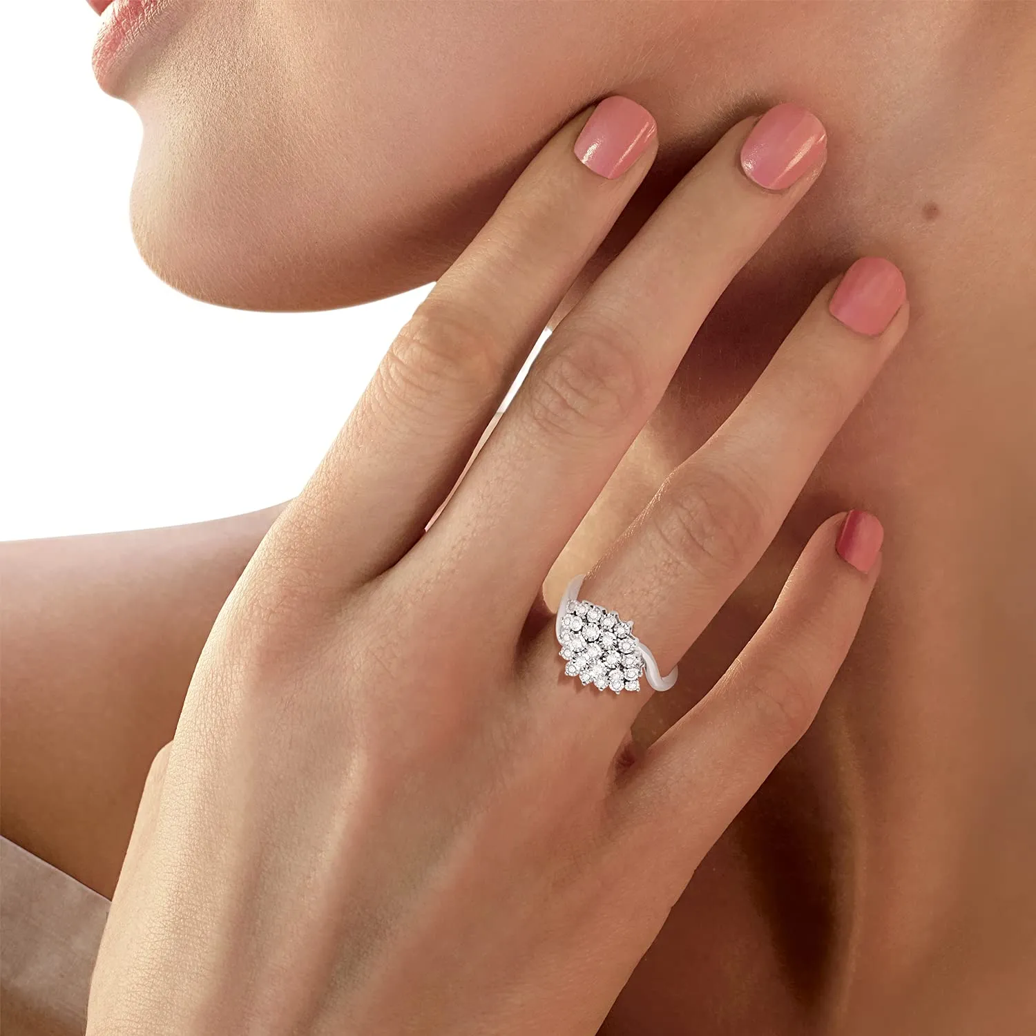 Jewelili Sterling Silver 1/5 CTTW Natural White Round Diamonds Miracle Set Cluster Engagement Ring