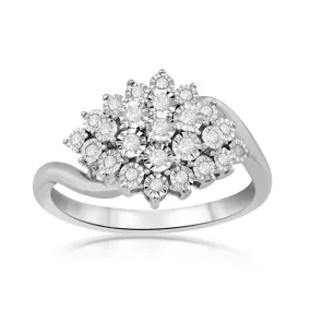 Jewelili Sterling Silver 1/5 CTTW Natural White Round Diamonds Miracle Set Cluster Engagement Ring