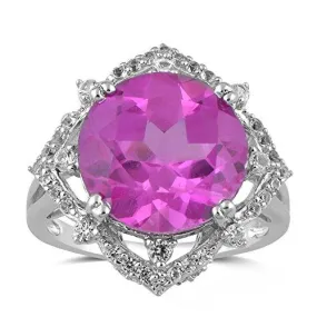 Jewelili Sterling Silver with Round Created Pink Sapphire and Round Created White Sapphire Halo Cushion Ring