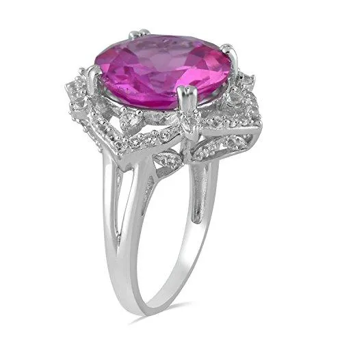 Jewelili Sterling Silver with Round Created Pink Sapphire and Round Created White Sapphire Halo Cushion Ring