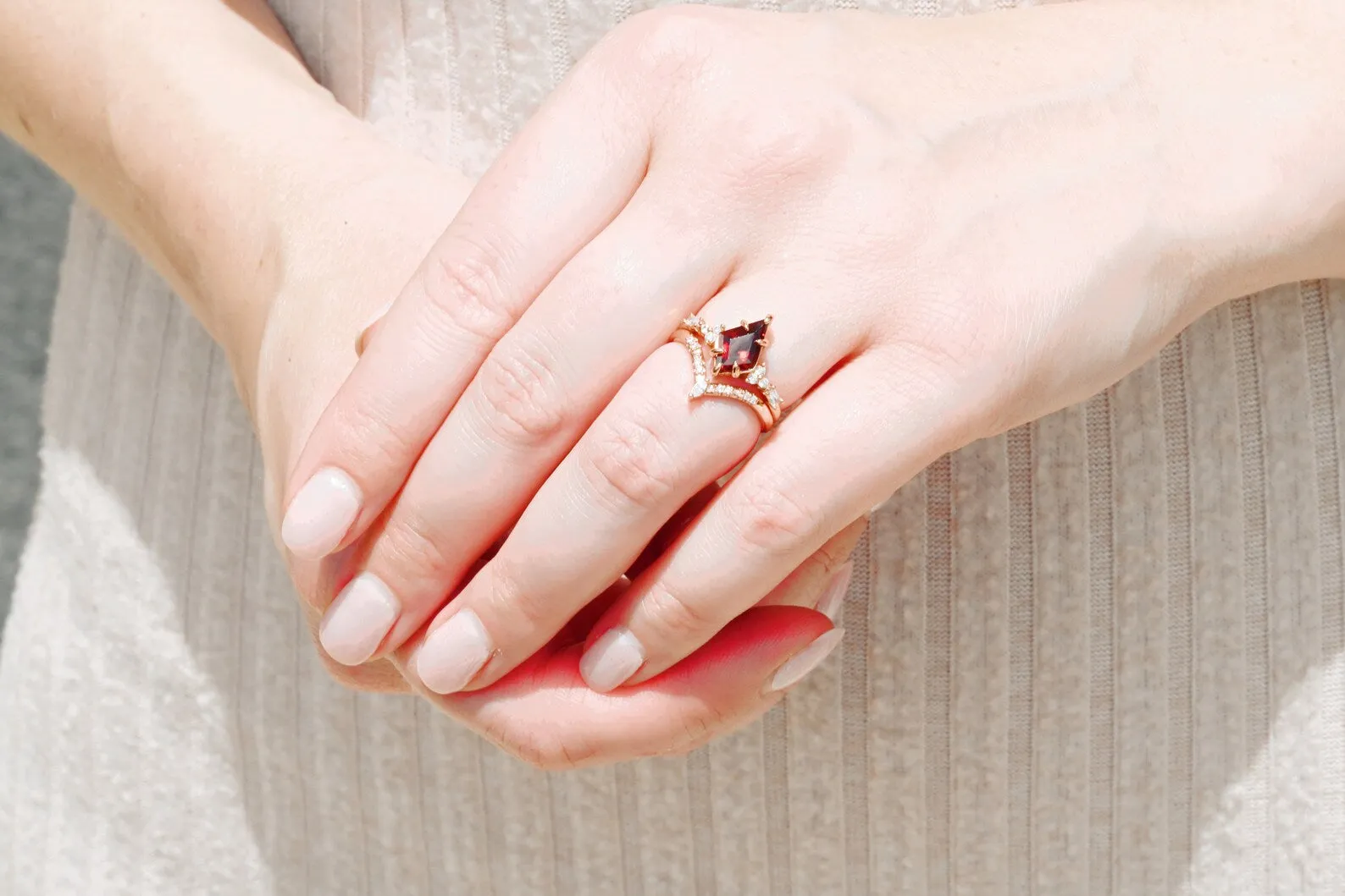 Kite Red Garnet Engagement Ring Set- 14K Rose Gold Vermeil