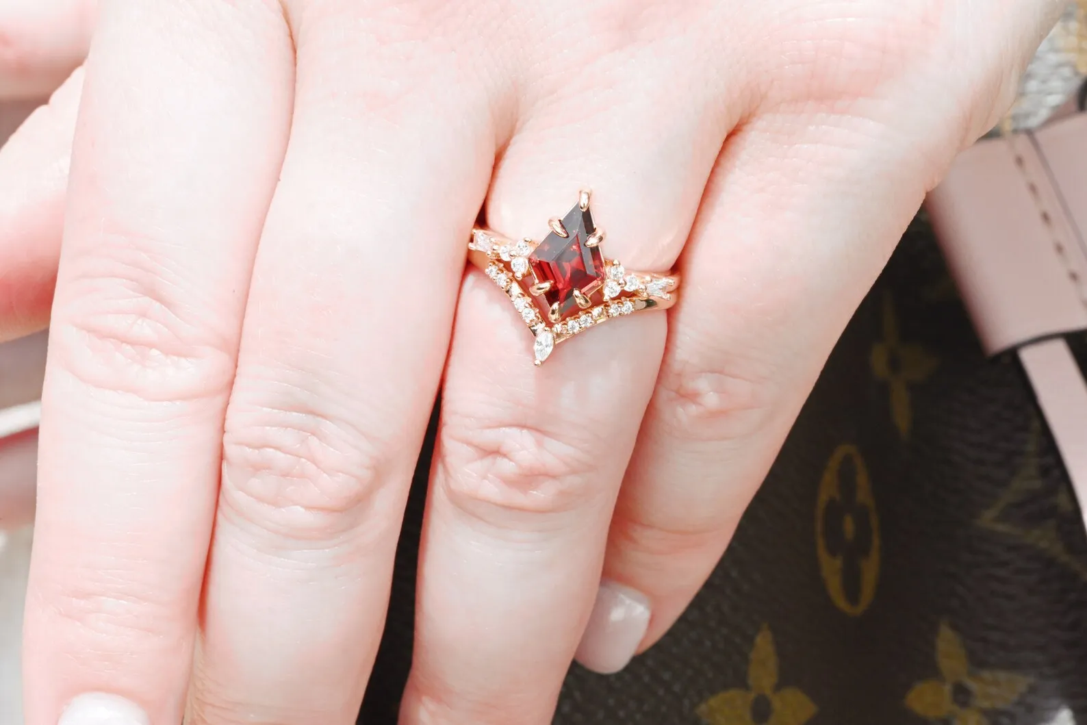 Kite Red Garnet Engagement Ring Set- 14K Rose Gold Vermeil
