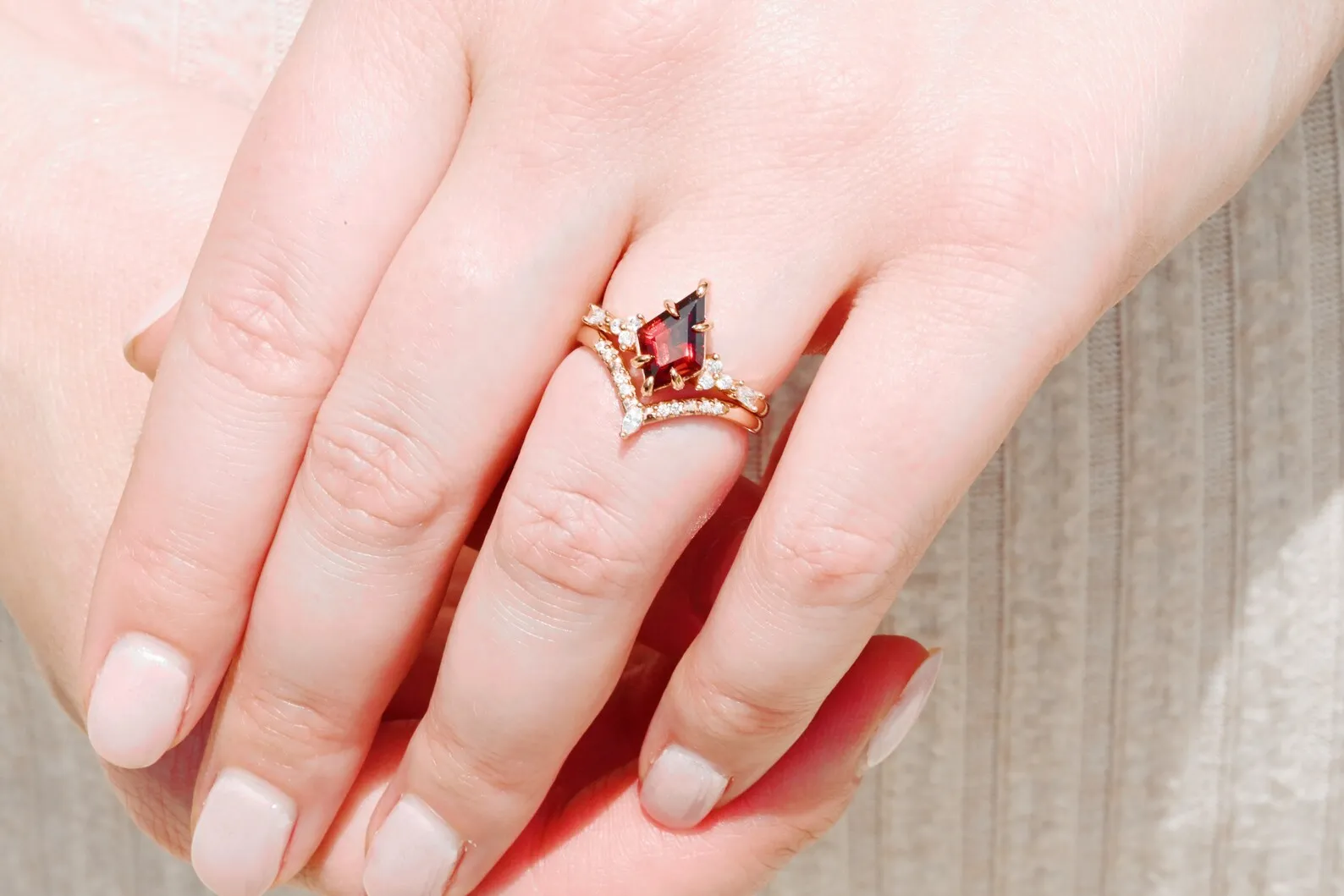 Kite Red Garnet Engagement Ring Set- 14K Rose Gold Vermeil