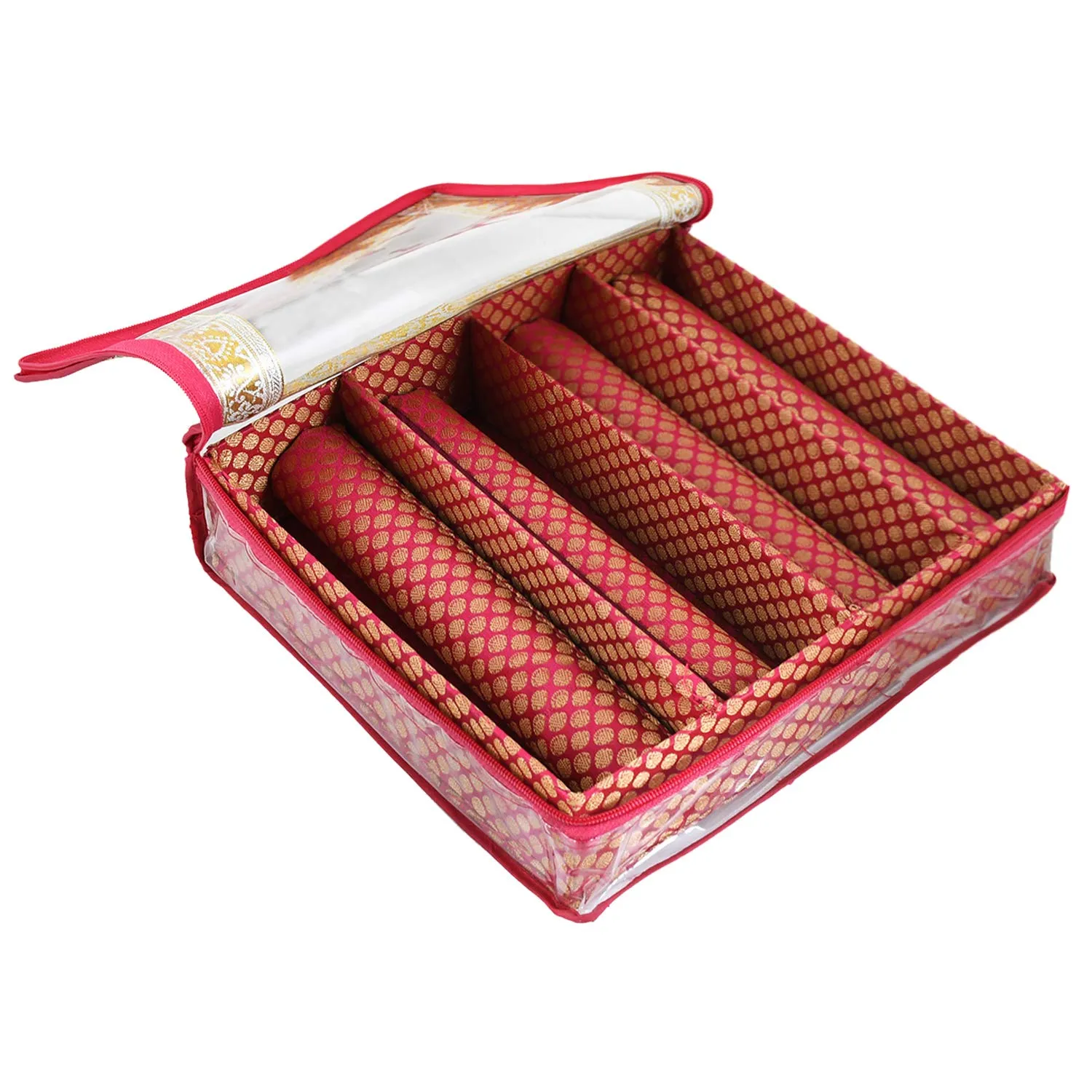 Kuber Industries Polka Dots Design Brocade Hardboard Four Rod Bangle Box (Pink) -CTKTC38845