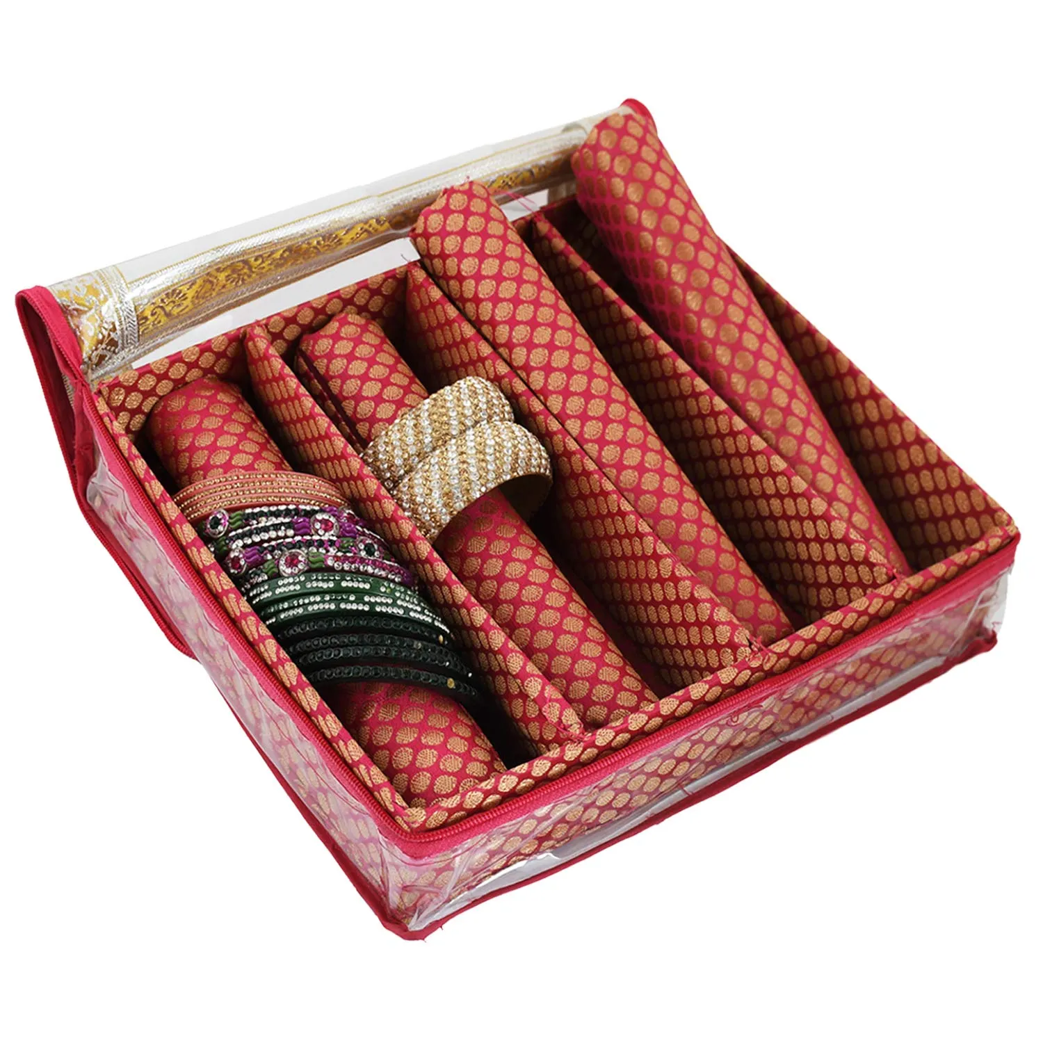 Kuber Industries Polka Dots Design Brocade Hardboard Four Rod Bangle Box (Pink) -CTKTC38845