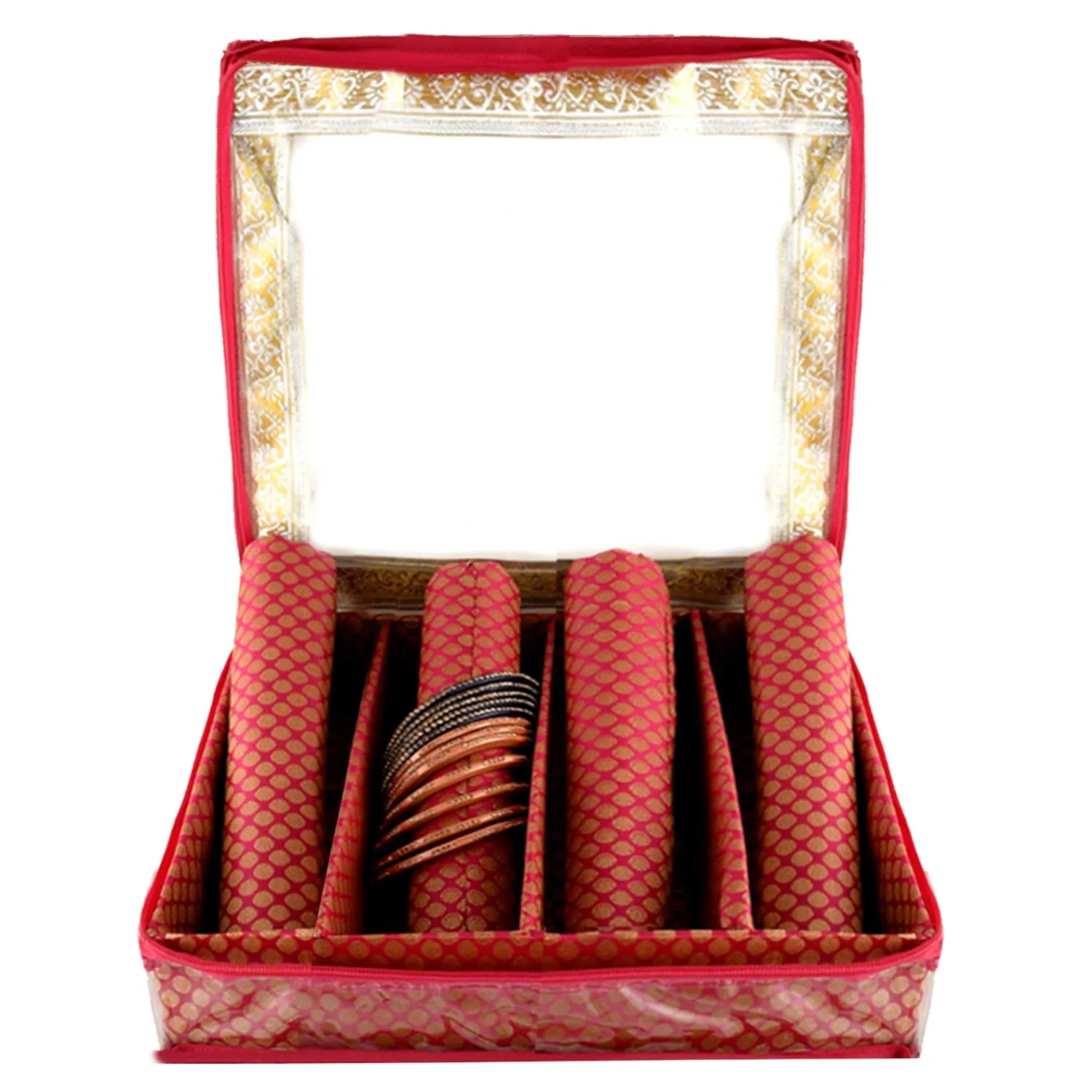 Kuber Industries Polka Dots Design Brocade Hardboard Four Rod Bangle Box (Pink) -CTKTC38845