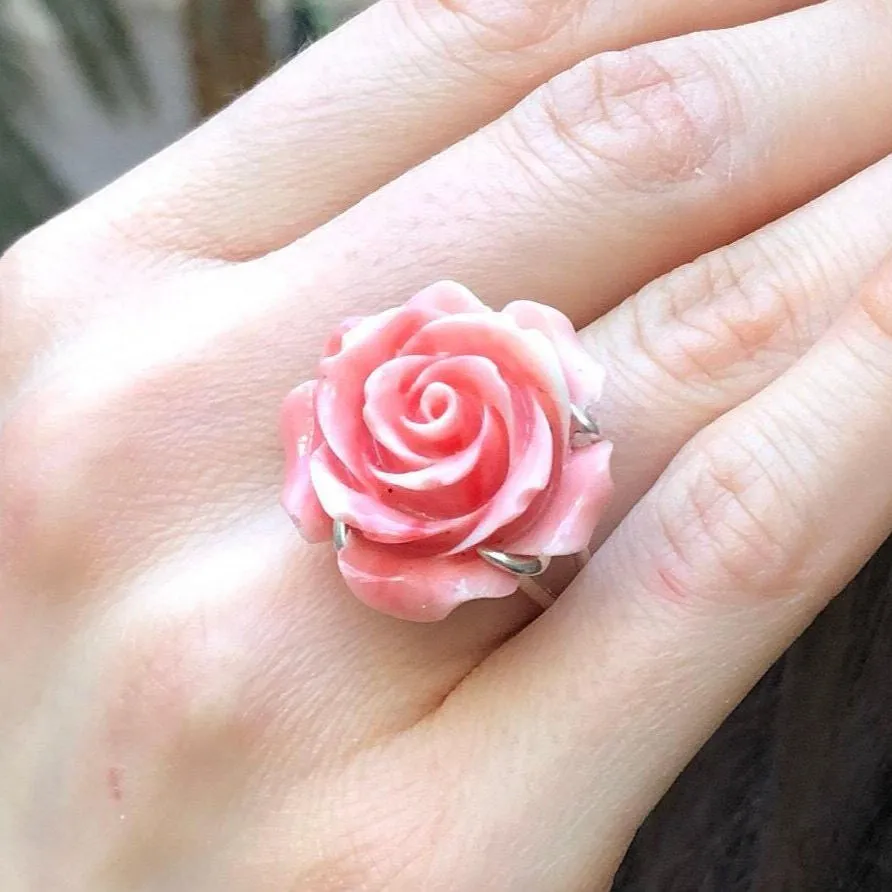Large Rose Ring - Coral Ring - Statement Flower Ring