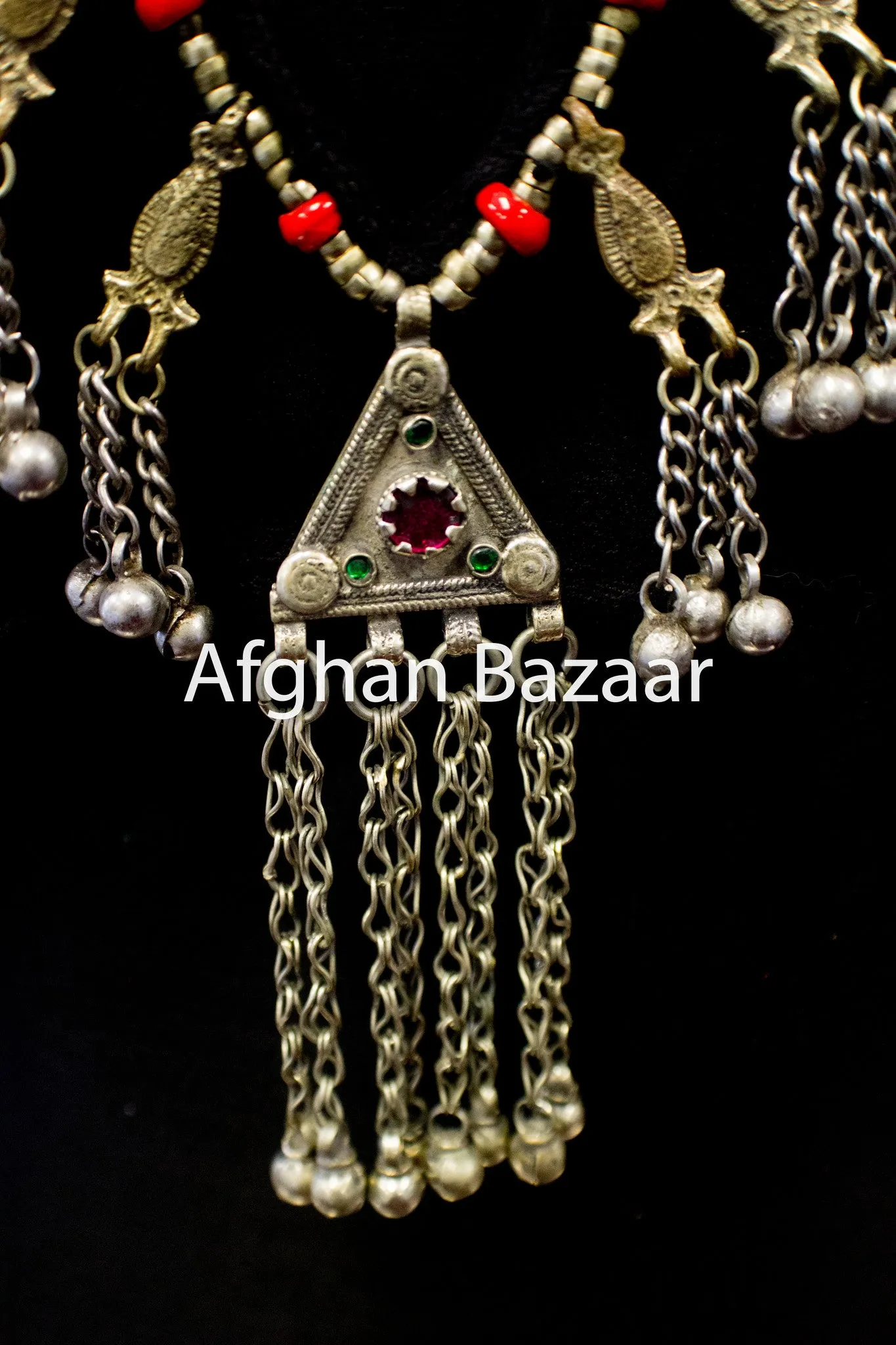 Long Antique Afghan Necklace with Faux Coral
