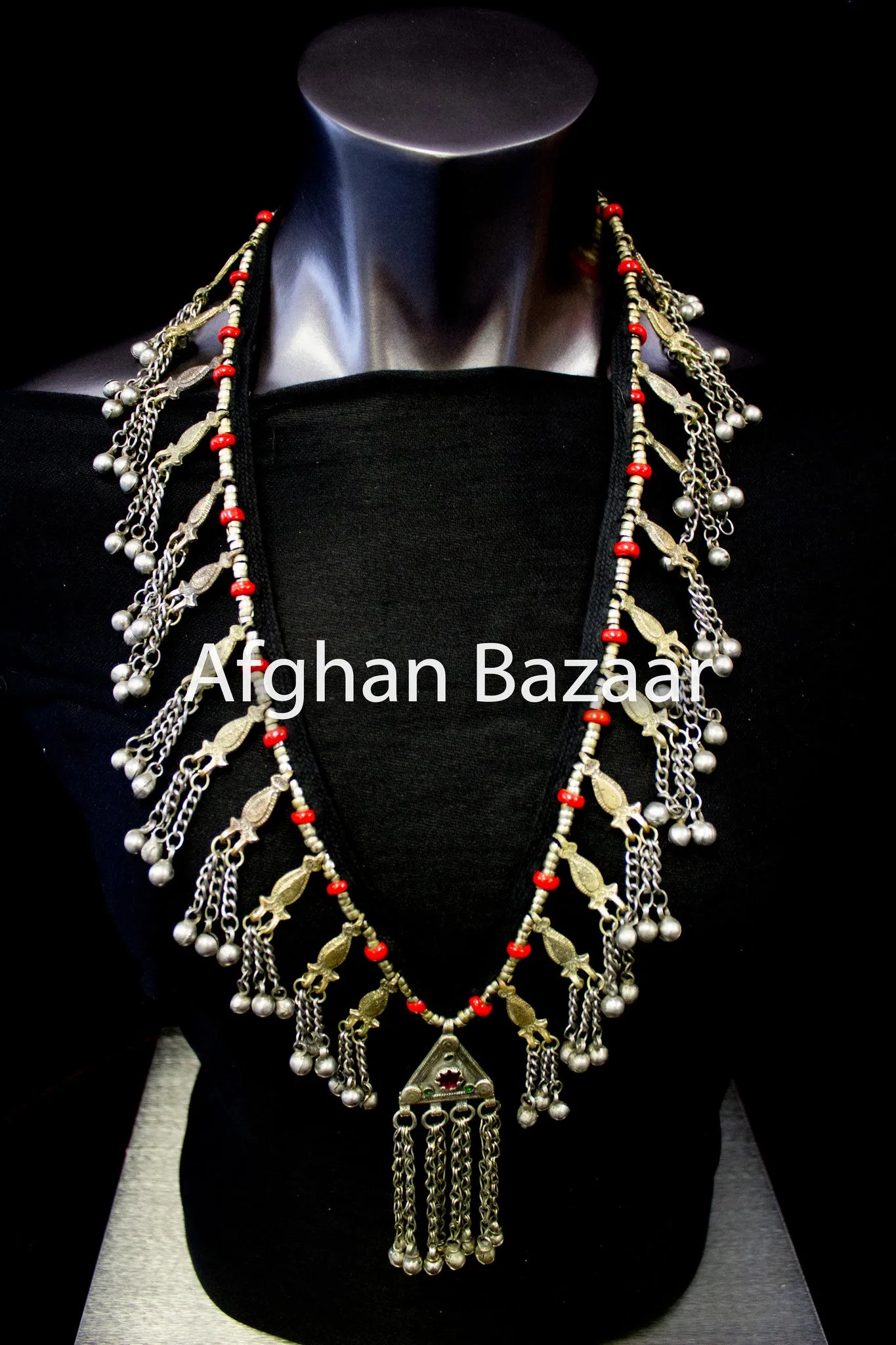 Long Antique Afghan Necklace with Faux Coral