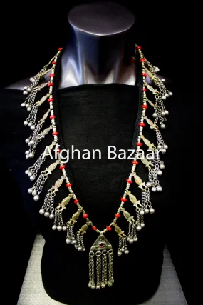 Long Antique Afghan Necklace with Faux Coral