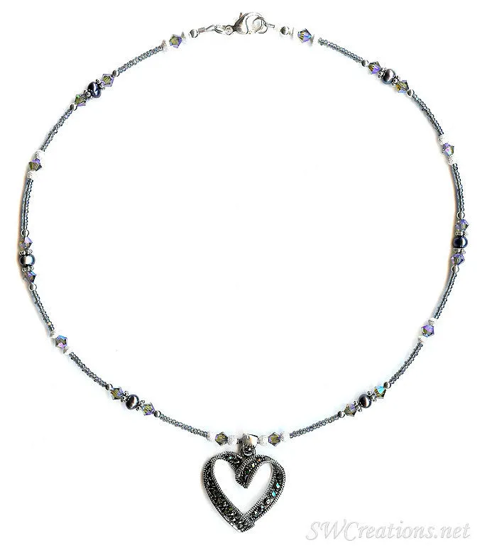 Marcasite Crystal Heart Pearl Necklace