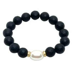Matte Black Faceted Onyx With MOP Pearl Stretch Bracelet