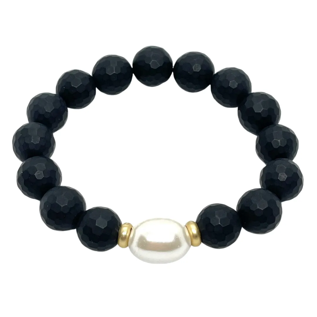 Matte Black Faceted Onyx With MOP Pearl Stretch Bracelet