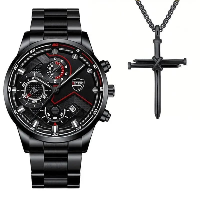 Men's Stainless Steel Quartz Watch with Calendar & Necklace: Elevate Your Style