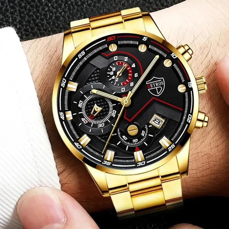 Men's Stainless Steel Quartz Watch with Calendar & Necklace: Elevate Your Style