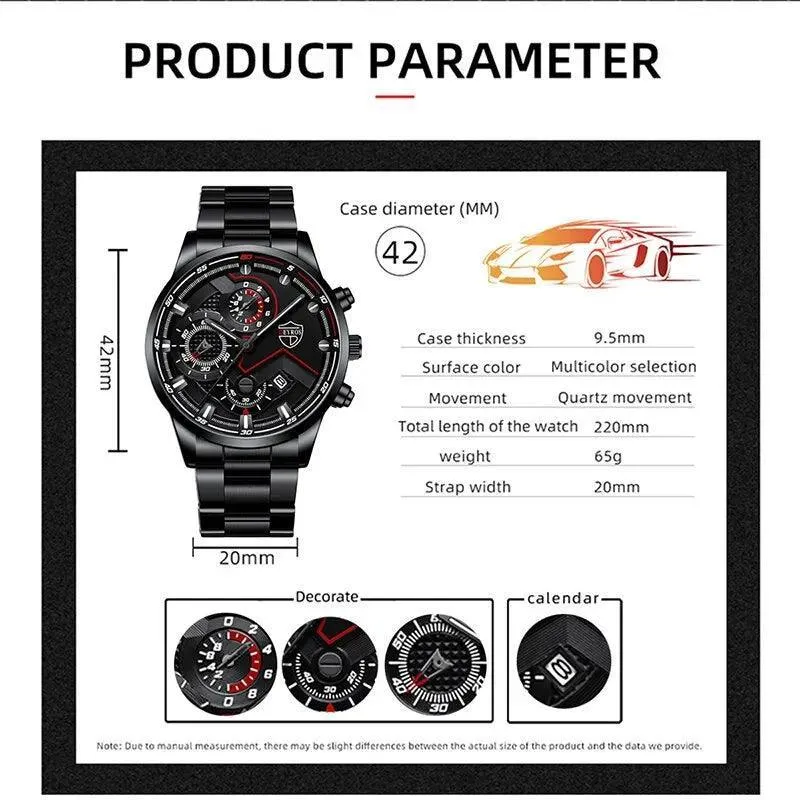 Men's Stainless Steel Quartz Watch with Calendar & Necklace: Elevate Your Style