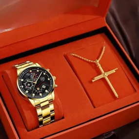 Men's Stainless Steel Quartz Watch with Calendar & Necklace: Elevate Your Style