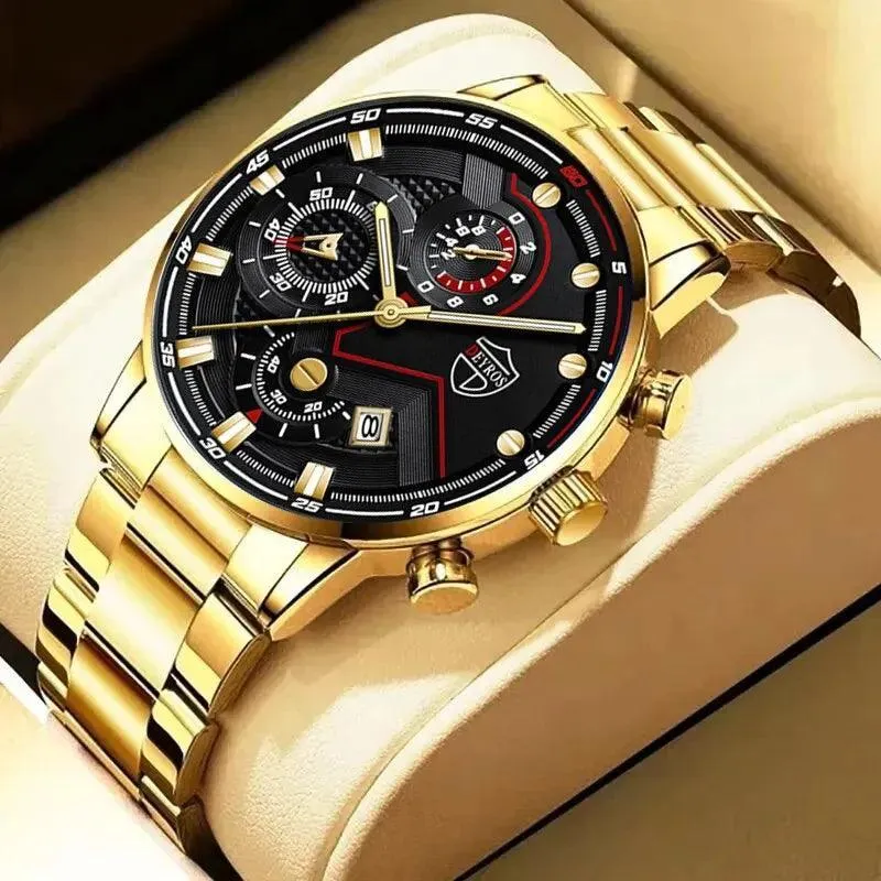 Men's Stainless Steel Quartz Watch with Calendar & Necklace: Elevate Your Style