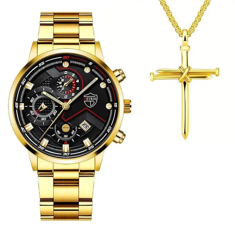 Men's Stainless Steel Quartz Watch with Calendar & Necklace: Elevate Your Style