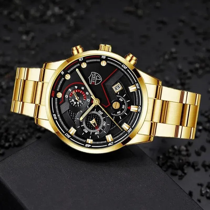 Men's Stainless Steel Quartz Watch with Calendar & Necklace: Elevate Your Style