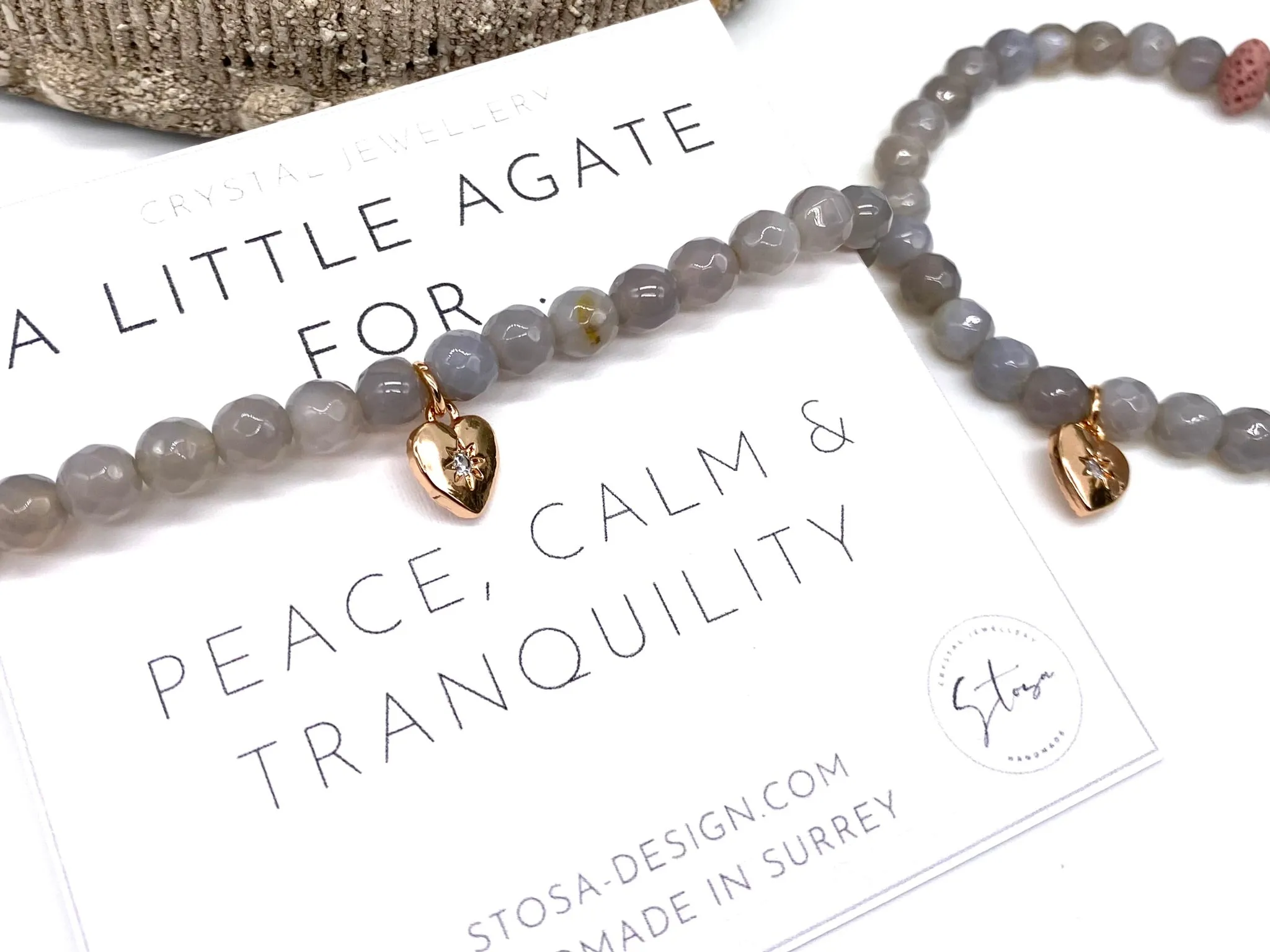 Misty Grey Agate Heart Charm - Aromatherapy Bracelet
