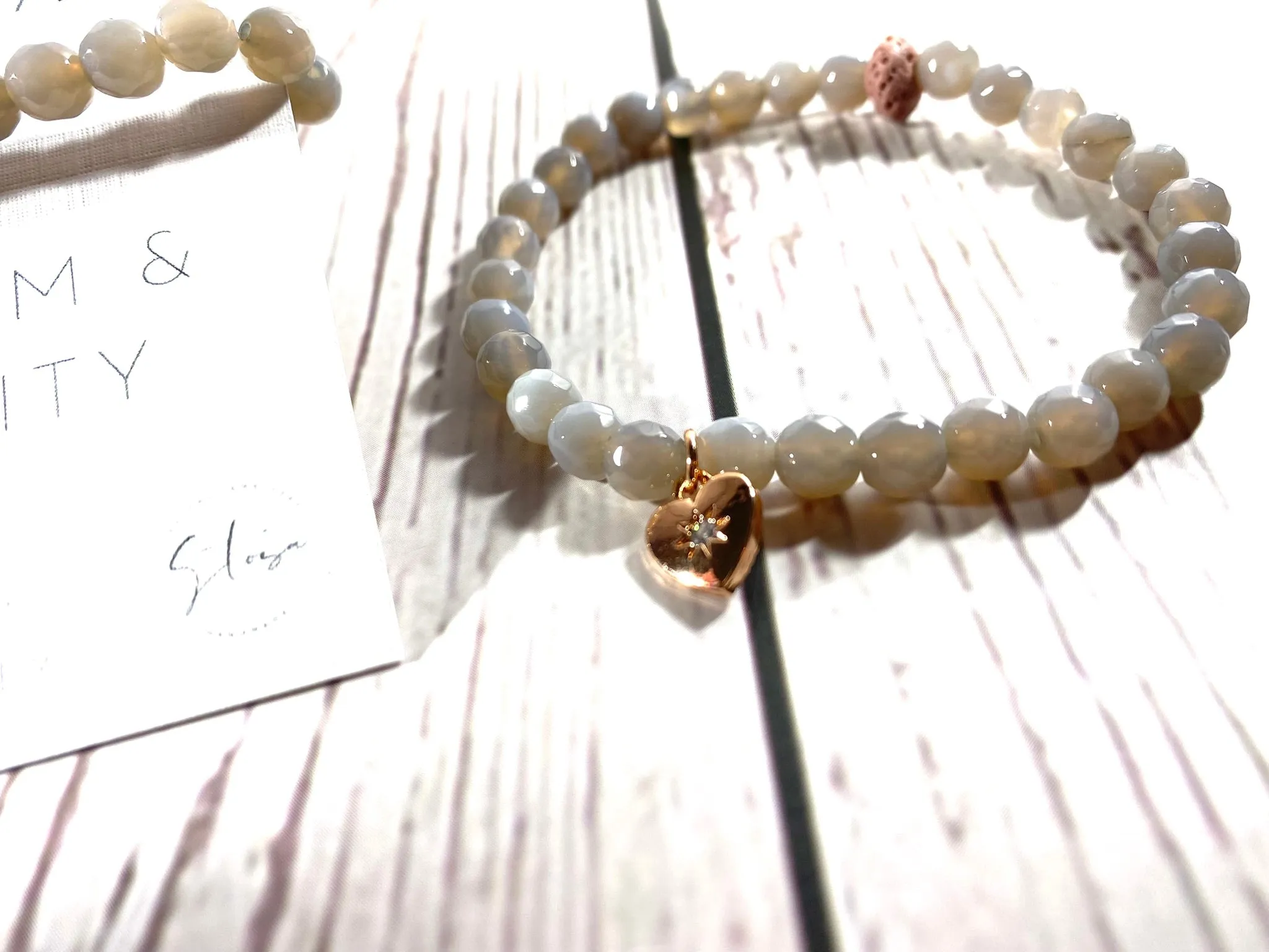 Misty Grey Agate Heart Charm - Aromatherapy Bracelet