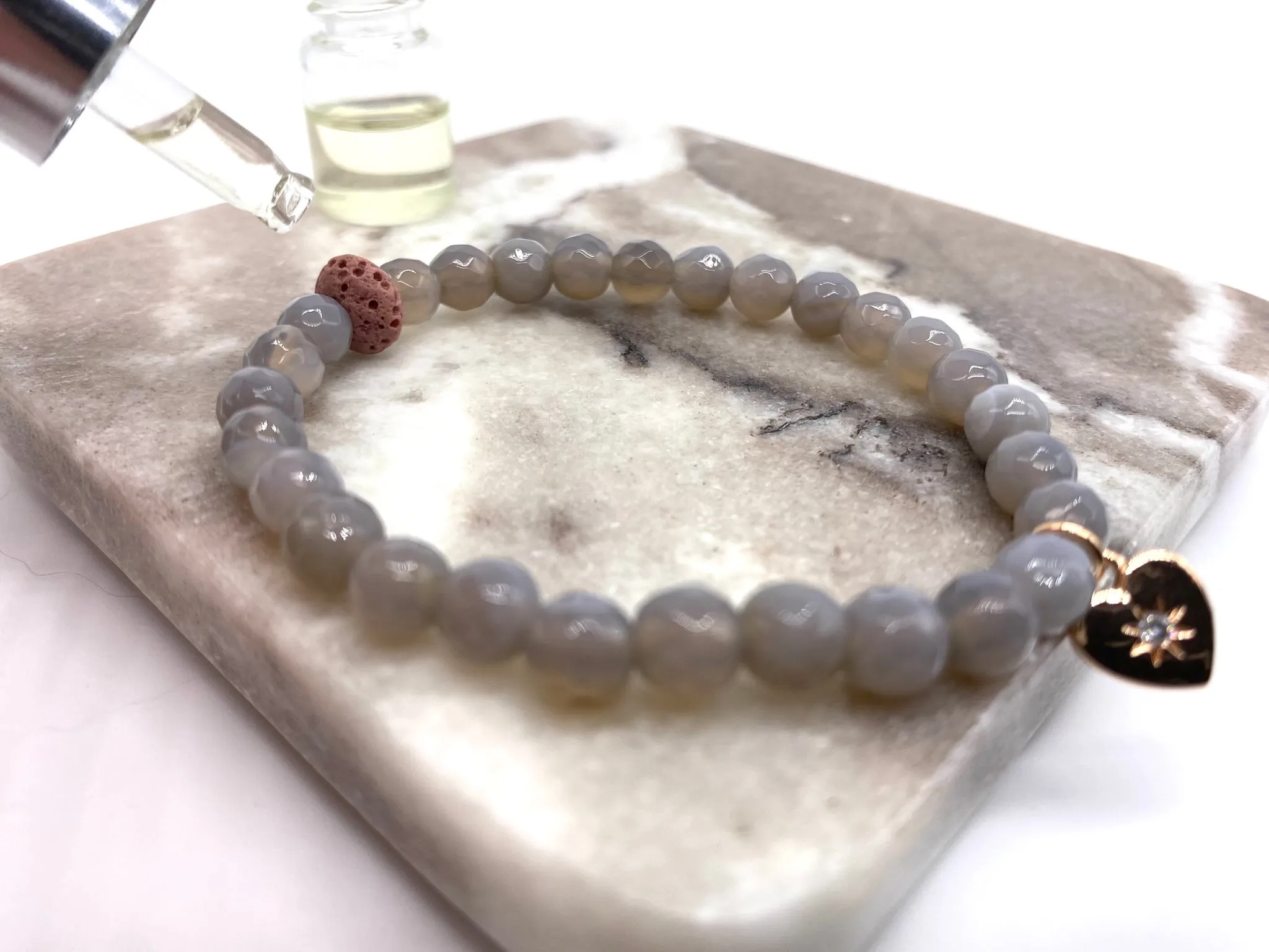 Misty Grey Agate Heart Charm - Aromatherapy Bracelet