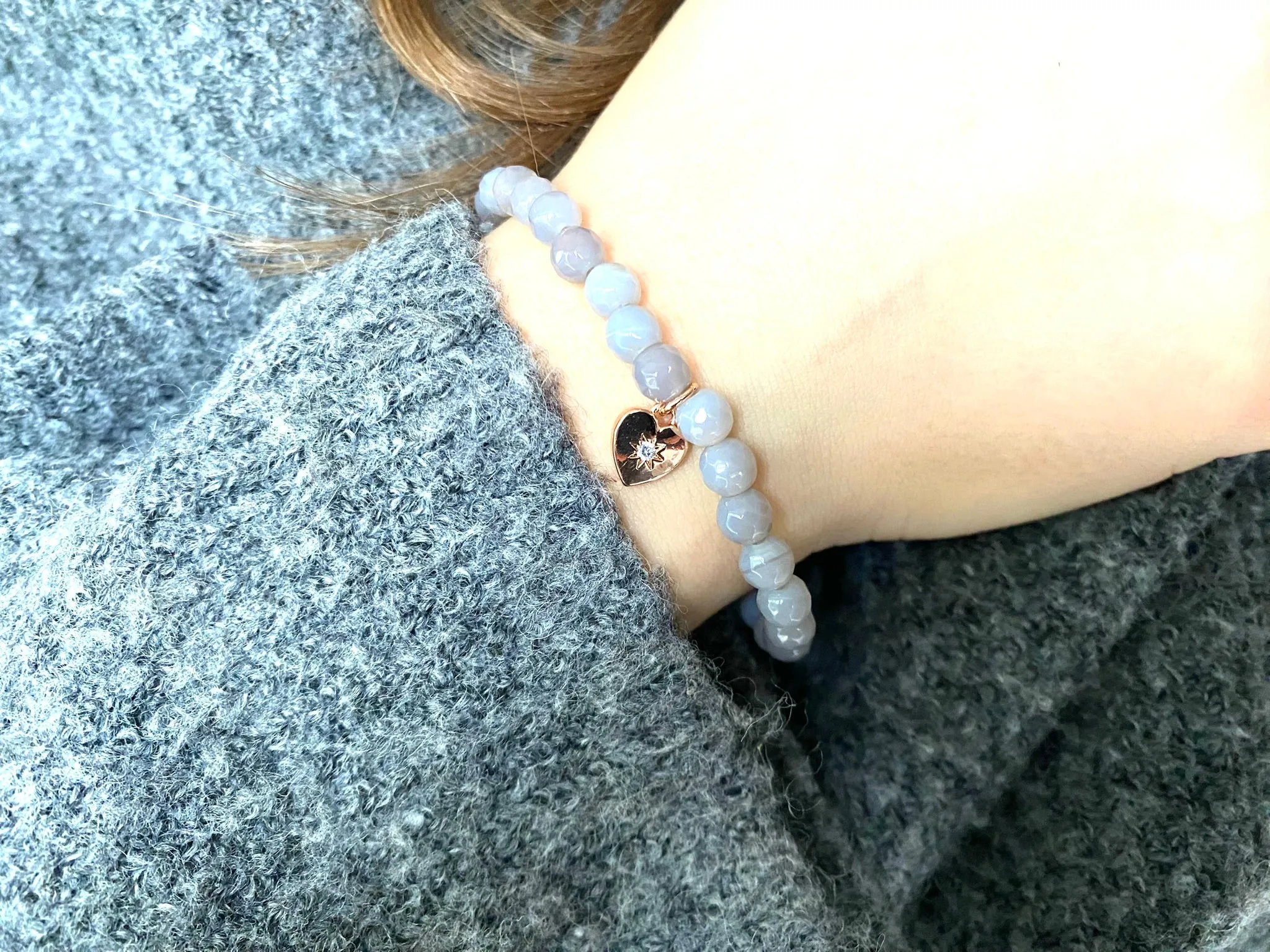 Misty Grey Agate Heart Charm - Aromatherapy Bracelet