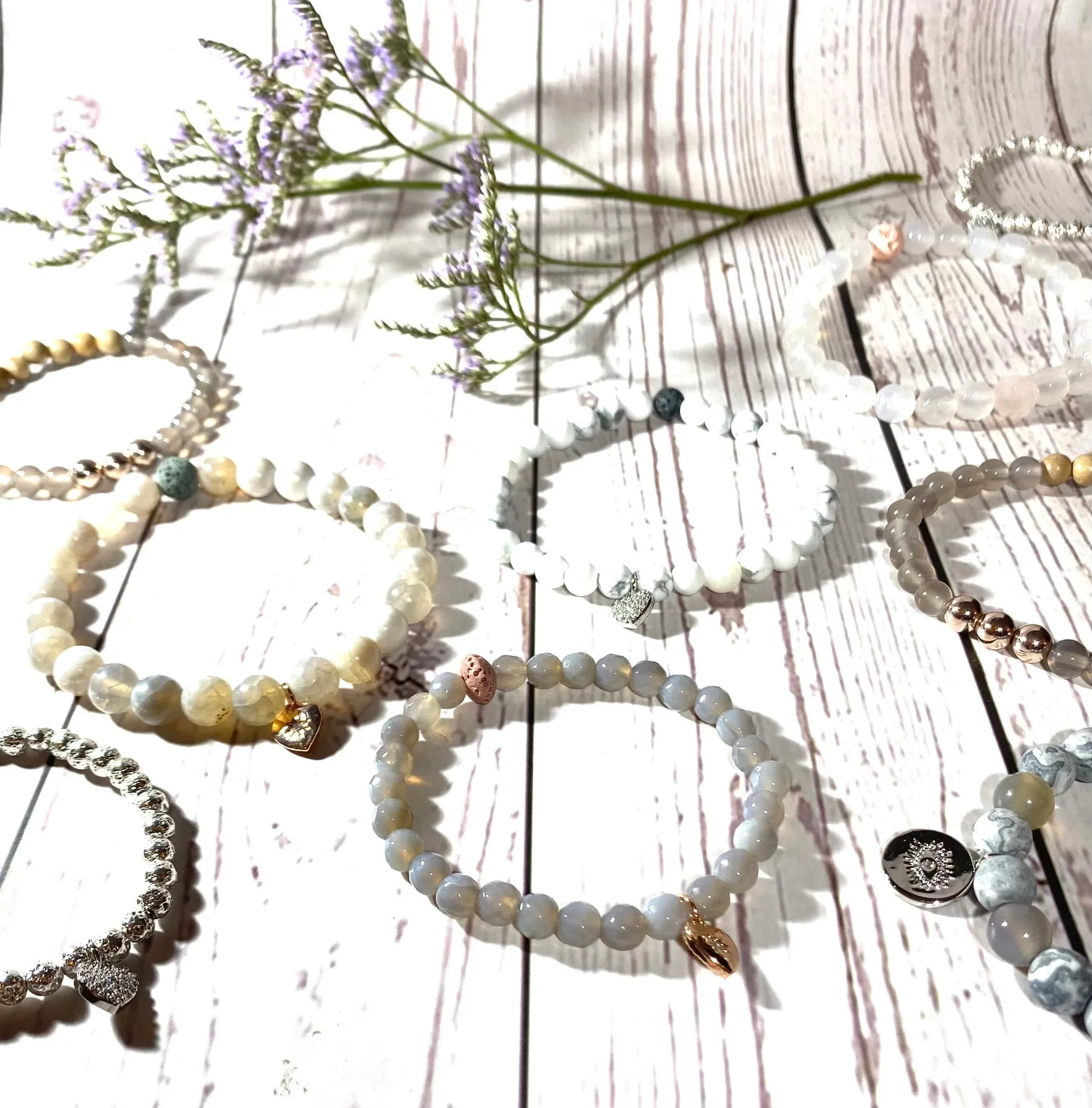 Misty Grey Agate Heart Charm - Aromatherapy Bracelet