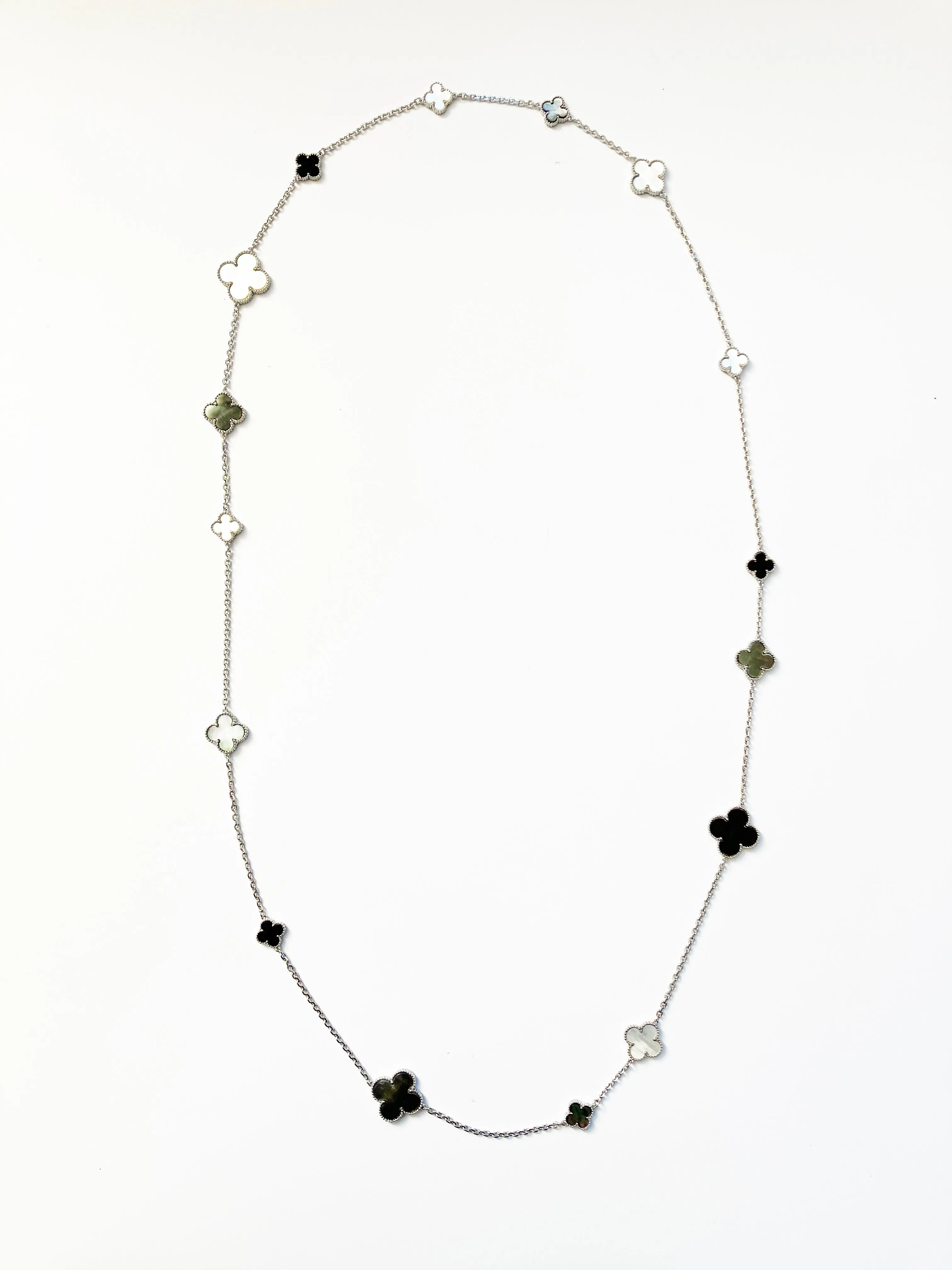 Mixed Size Onyx and White and Gray Mother of Pearl Quatrefoil Silver Plated Necklace