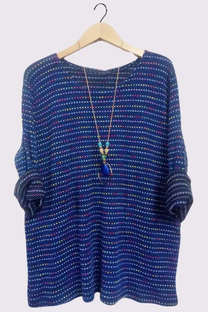 Multi Stripe Pattern Knitted Round Neck Necklace Jumper
