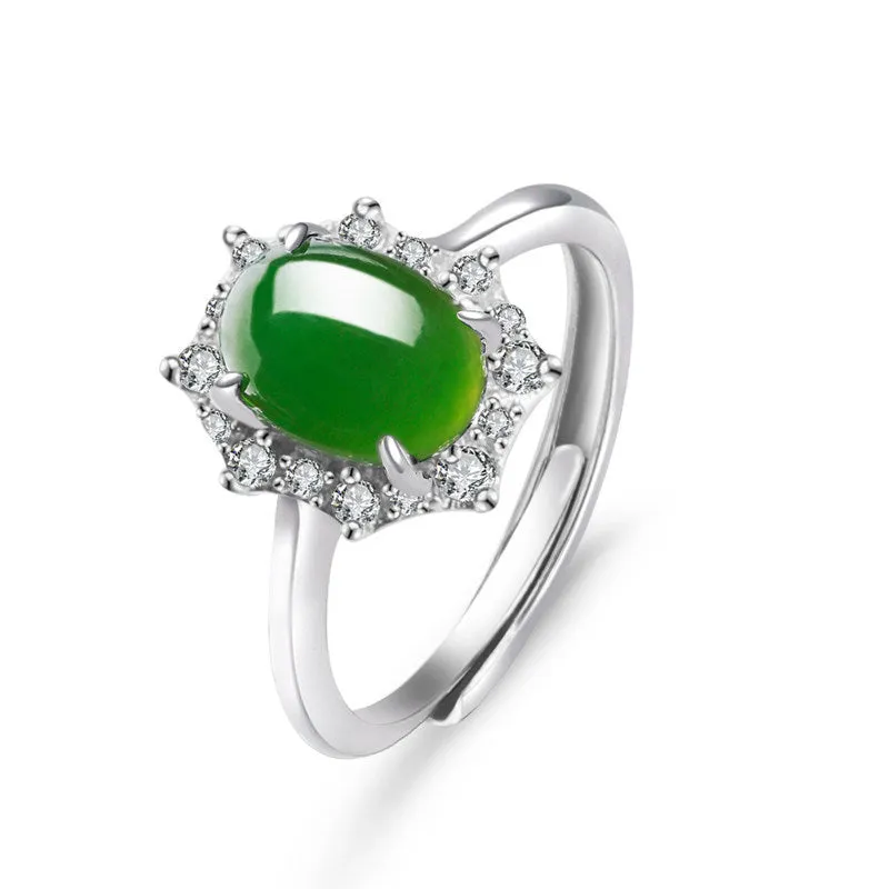 Natural Jade Ring Nephrite Silver Zircon Adjustable Ring ZNRG128