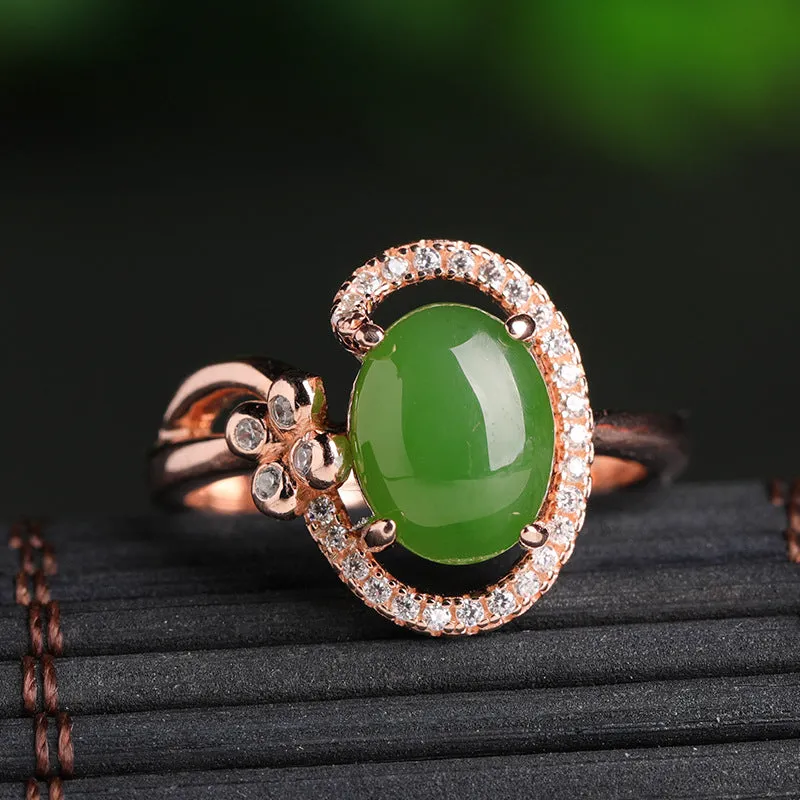 Natural Jade Ring Nephrite Silver Zircon Adjustable Ring ZNRG130