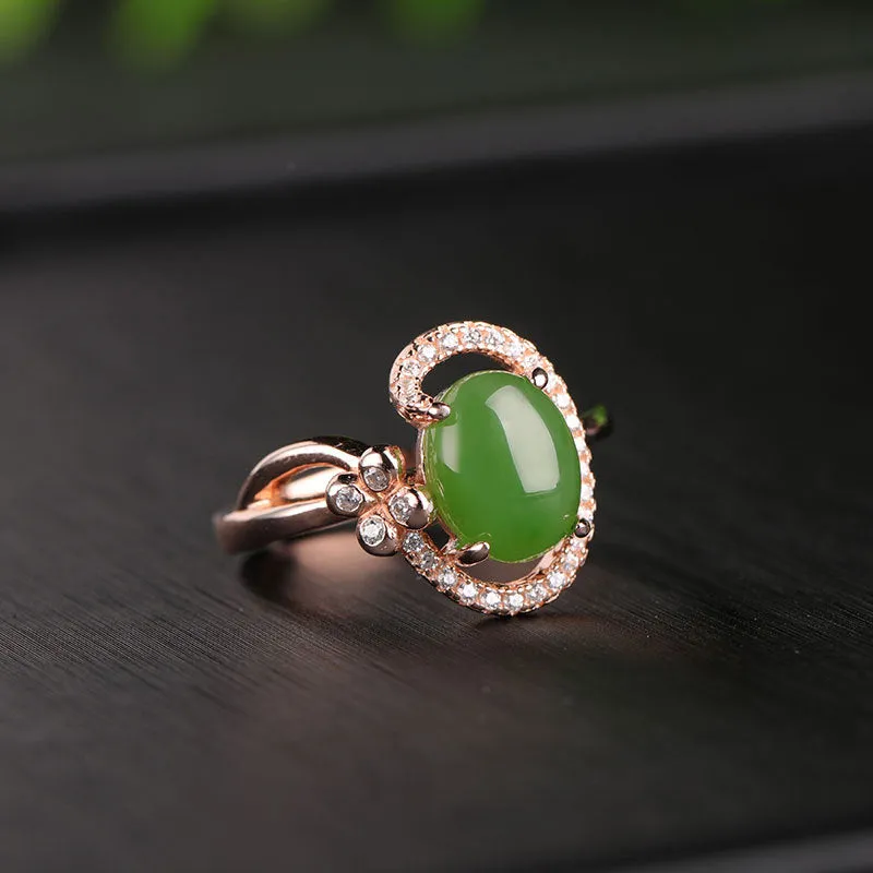 Natural Jade Ring Nephrite Silver Zircon Adjustable Ring ZNRG130