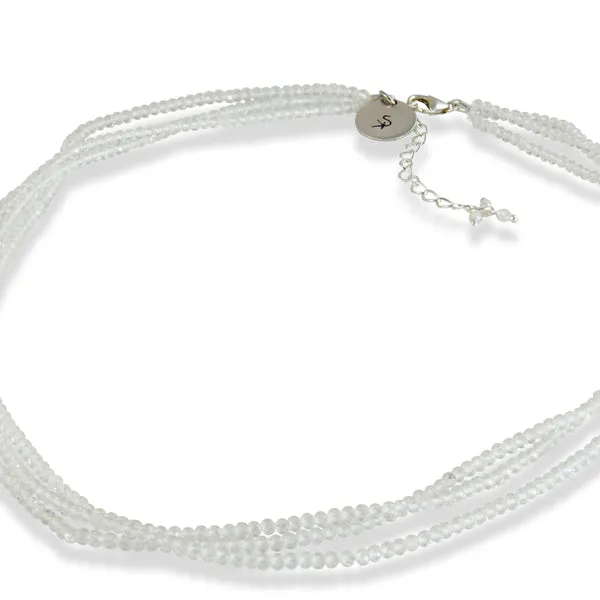 Necklace - Beaded Crystal Quartz Sterling Silver 3 Lines 16"