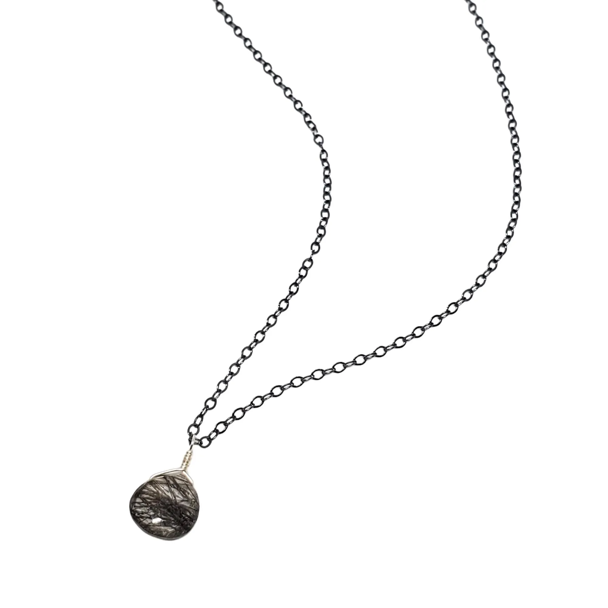 Necklace - Black Sea Tourmalated Quartz Gemstone Oxidized Sterling by Foamy Wader