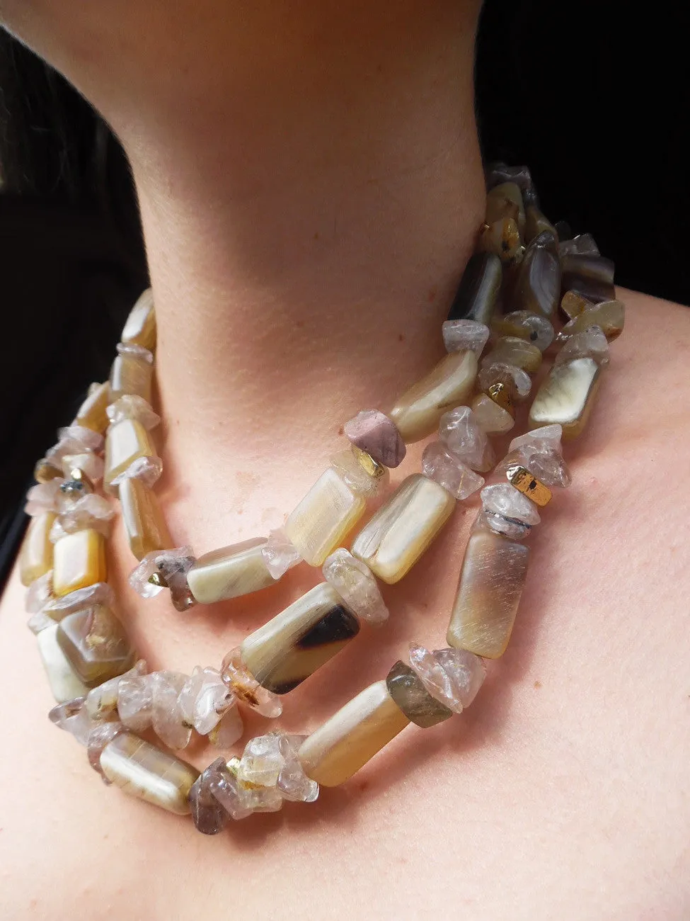 Necklace Chunky Triple Strand Citrine Quartz And Horn