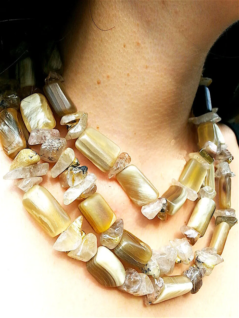 Necklace Chunky Triple Strand Citrine Quartz And Horn