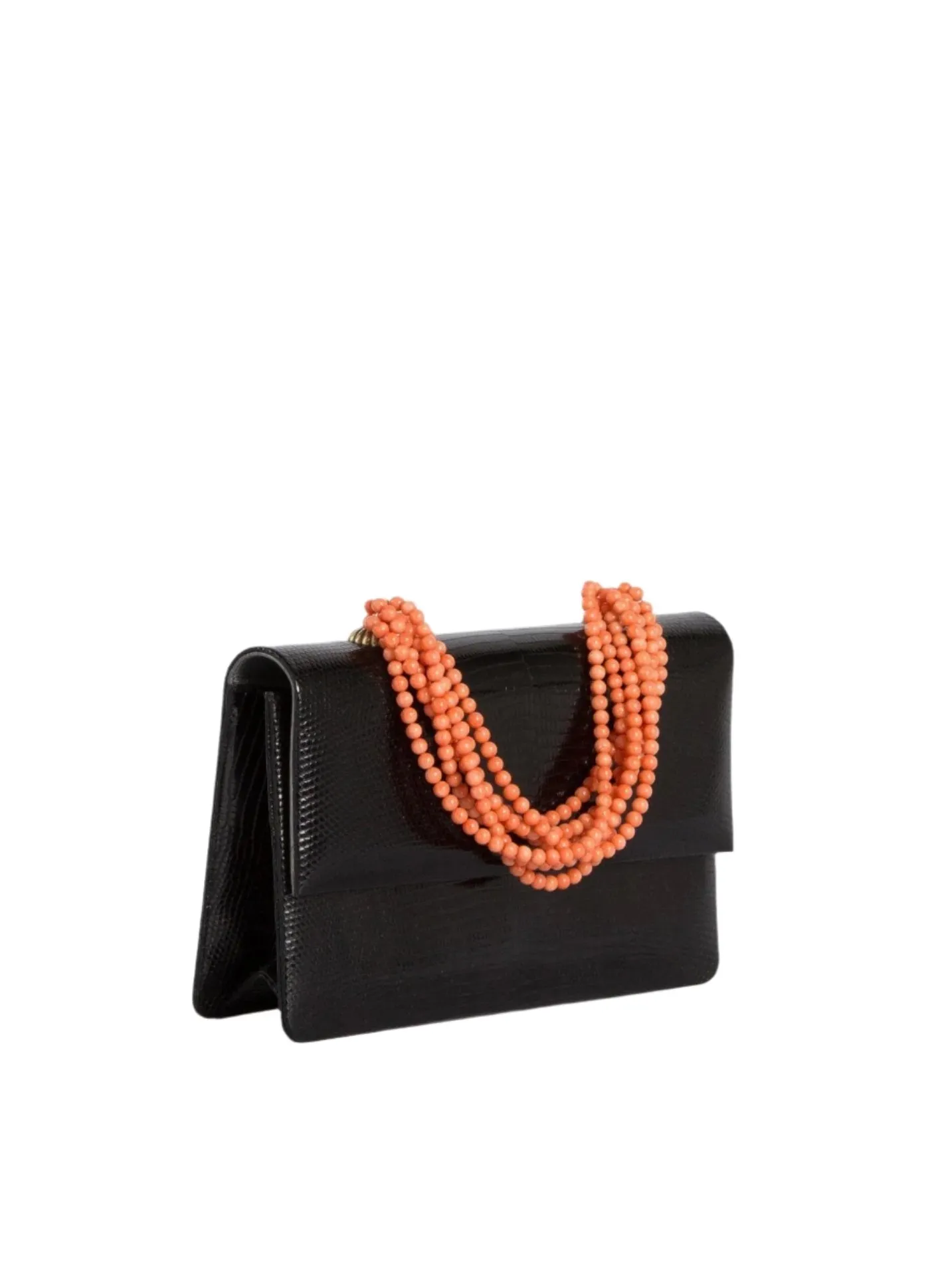 Necklace Handbag - Black Exotic Lizard, Coral Handle