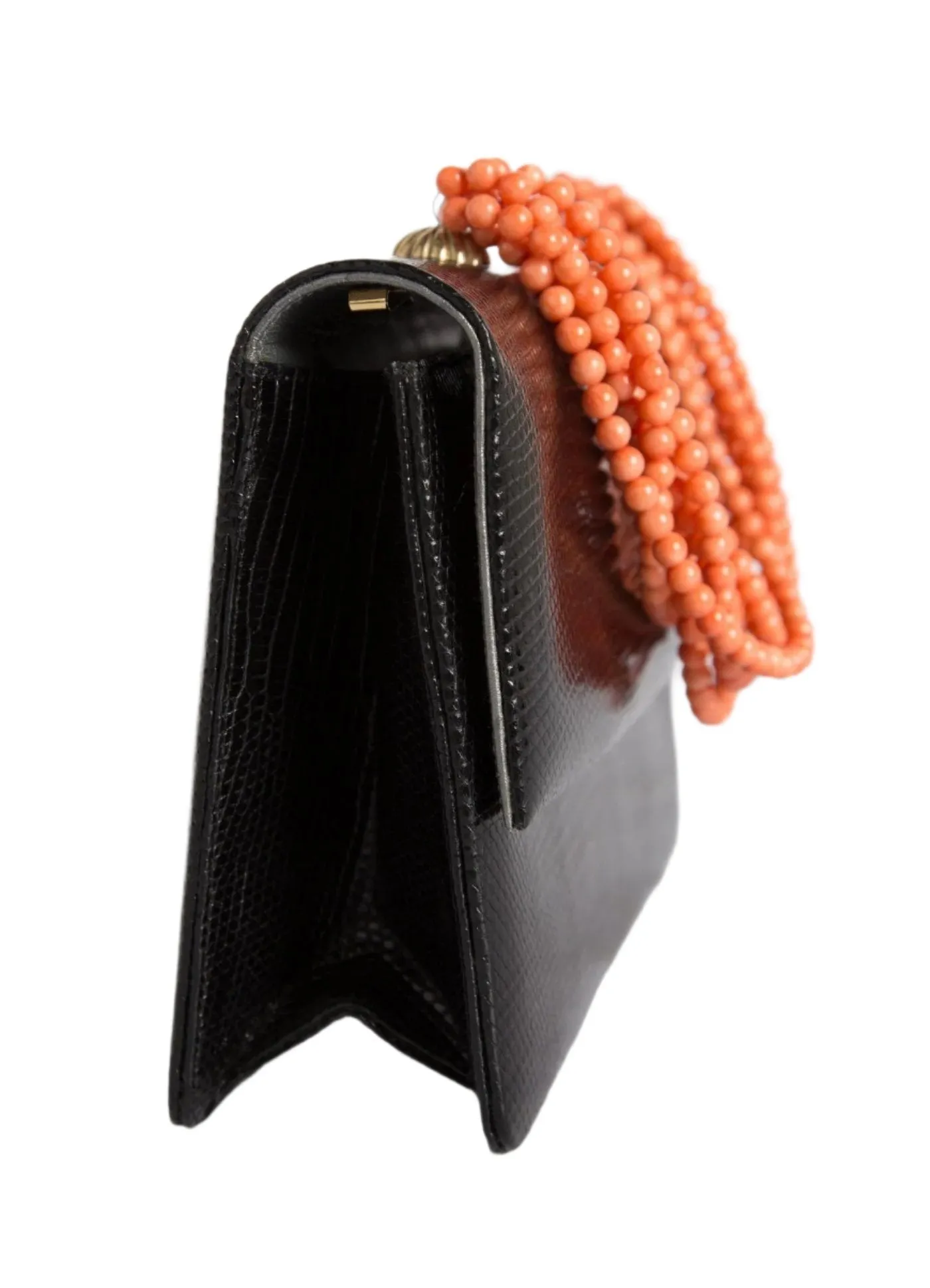 Necklace Handbag - Black Exotic Lizard, Coral Handle